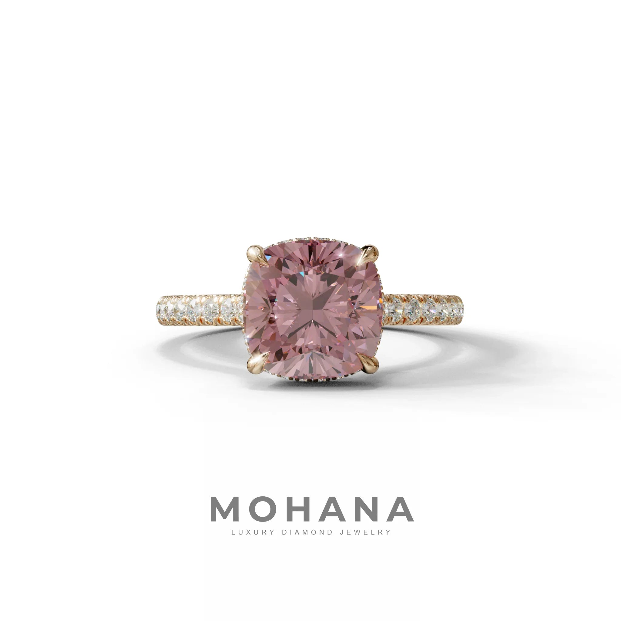 2.5 Carat Pink Cushion Cut Hidden Halo & Pave Lab Diamond Ring - Éblouissant - 10K Solid Gold / Rose Gold