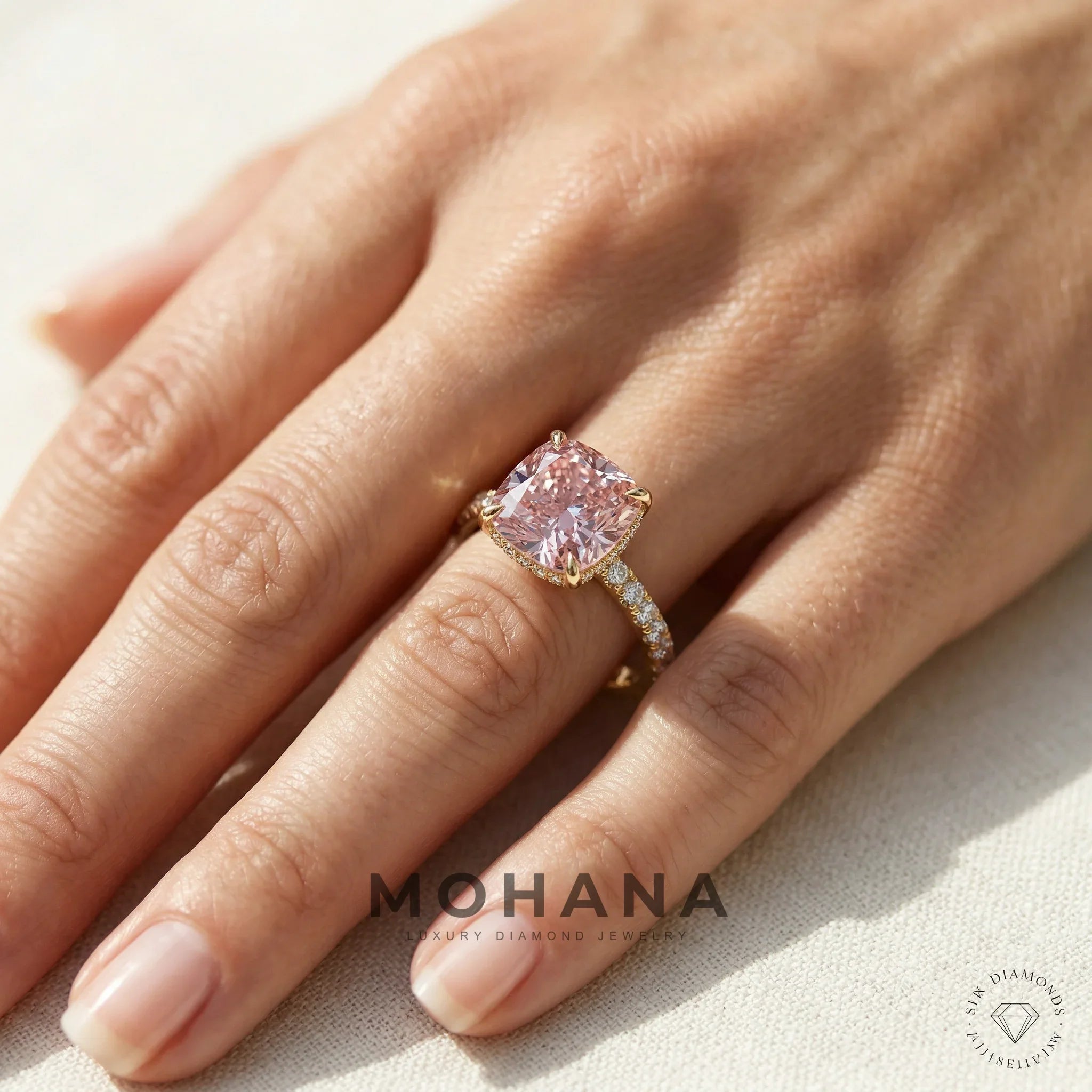 2.5 Carat Pink Cushion Cut Lab Grown Diamond Hidden Halo Pave Engagement Ring Eblouissant