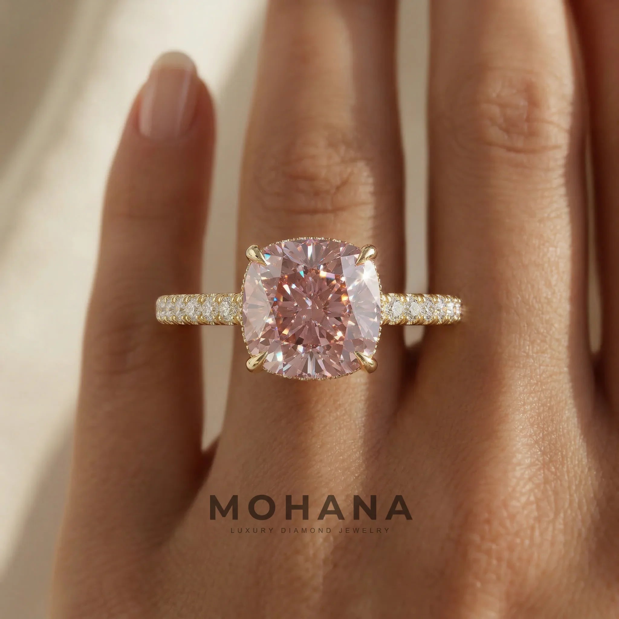 2.5 Carat Pink Cushion Cut Lab Grown Diamond Hidden Halo Pave Engagement Ring Eblouissant