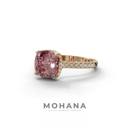 2.5 Carat Pink Cushion Cut Hidden Halo & Pave Lab Diamond Ring - Éblouissant