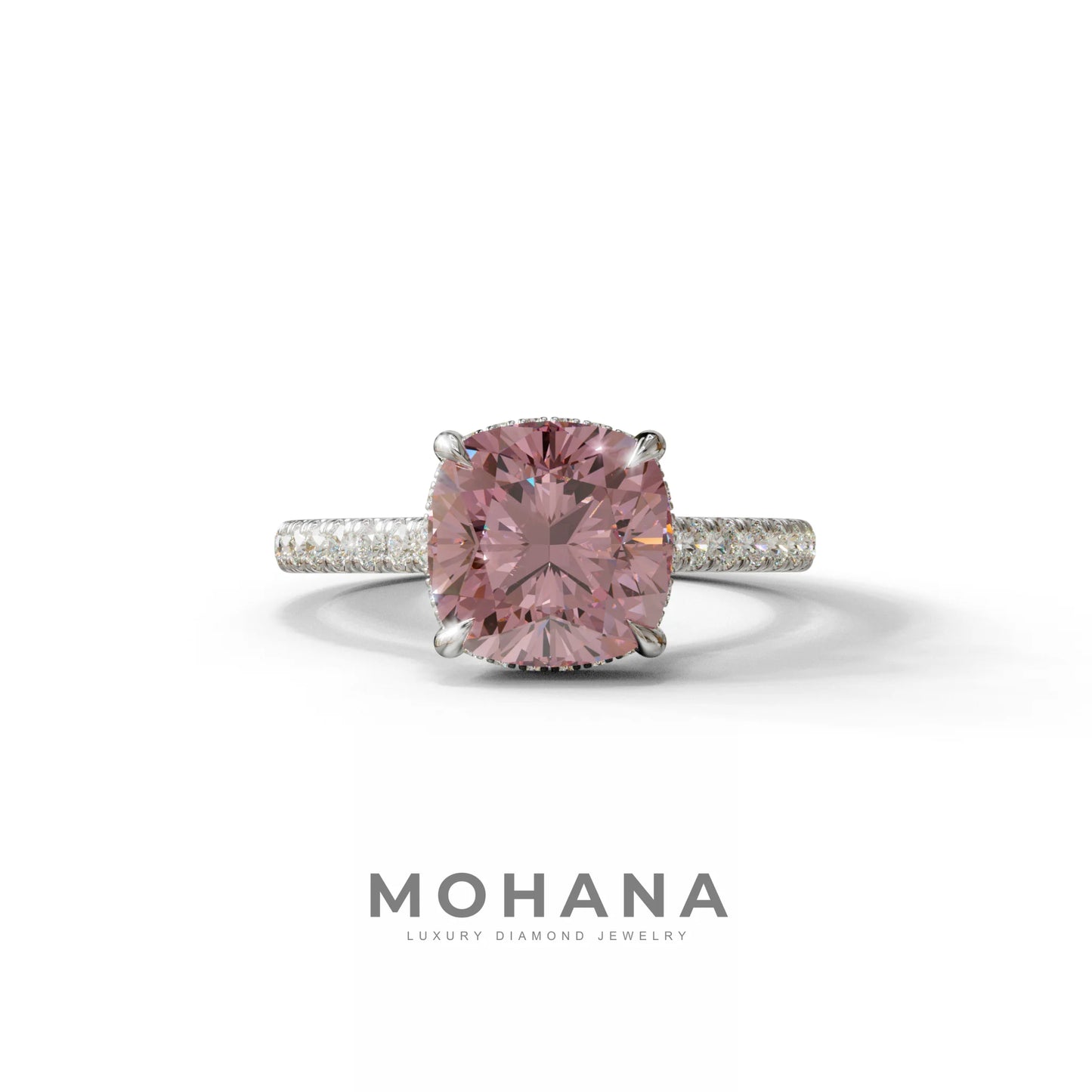 2.5 Carat Pink Cushion Cut Hidden Halo & Pave Lab Diamond Ring - Éblouissant - 10K Solid Gold / White Gold