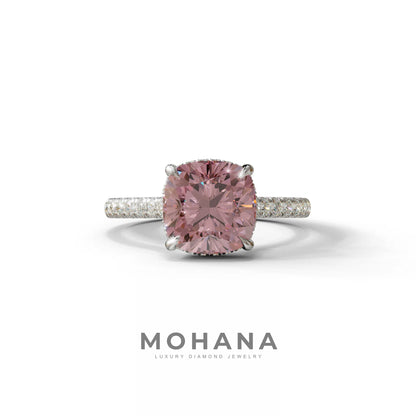 2.5 Carat Pink Cushion Cut Hidden Halo & Pave Lab Diamond Ring - Éblouissant - 10K Solid Gold / White Gold
