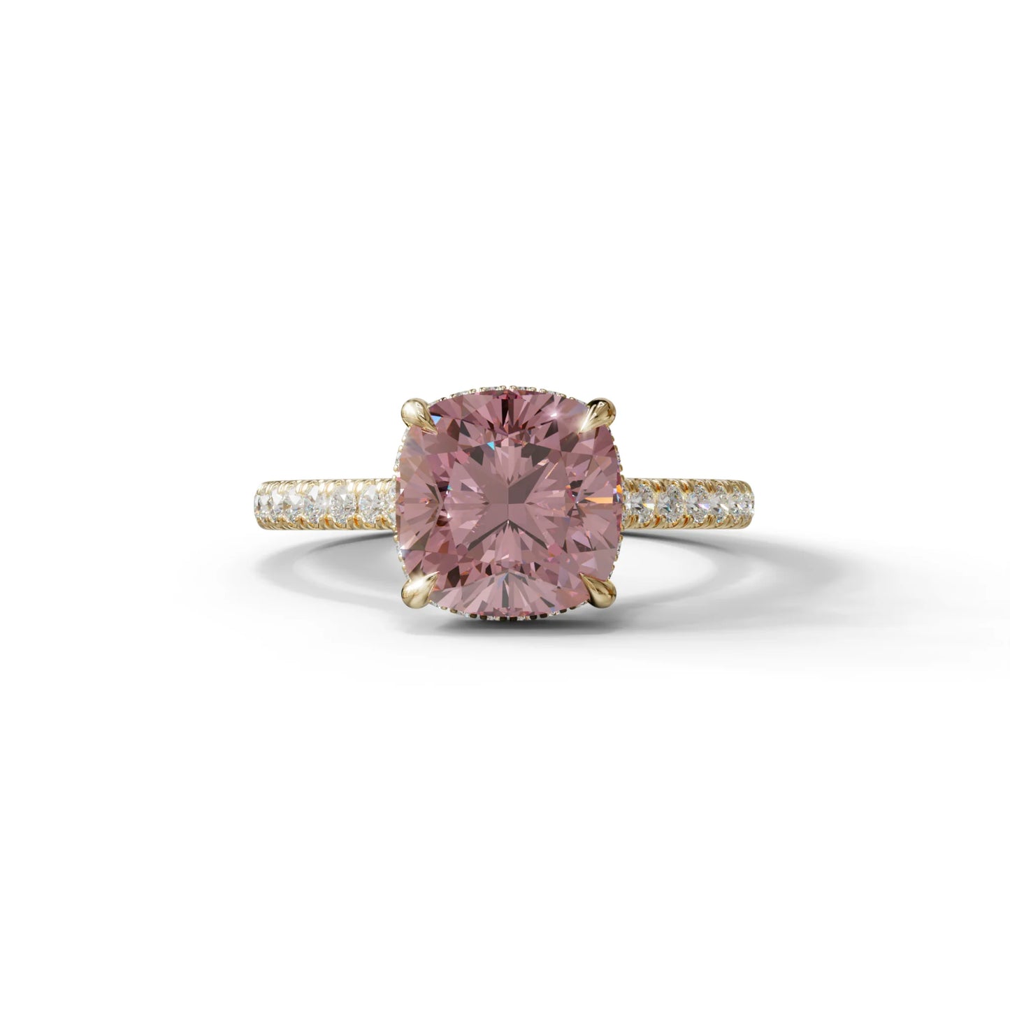 2.5 Carat Pink Cushion Cut Hidden Halo & Pave Lab Diamond Ring - Éblouissant - 10K Solid Gold / Yellow Gold