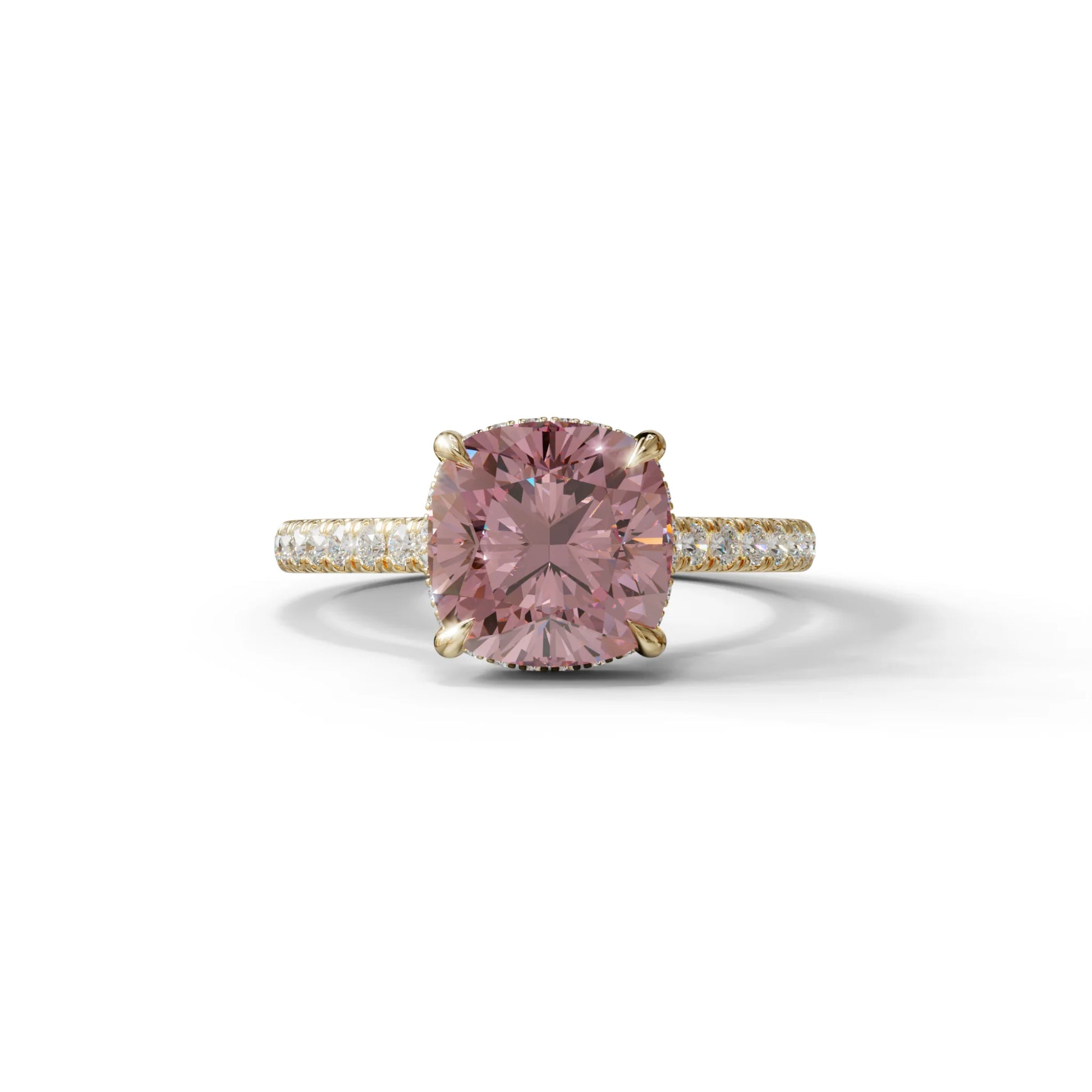 2.5 Carat Pink Cushion Cut Hidden Halo & Pave Lab Diamond Ring - Éblouissant - 10K Solid Gold / Yellow Gold