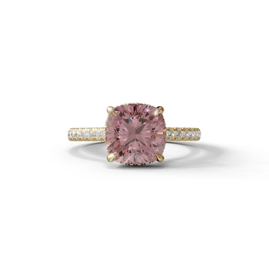 2.5 Carat Pink Cushion Cut Hidden Halo & Pave Lab Diamond Ring - Éblouissant - 10K Solid Gold / Yellow Gold