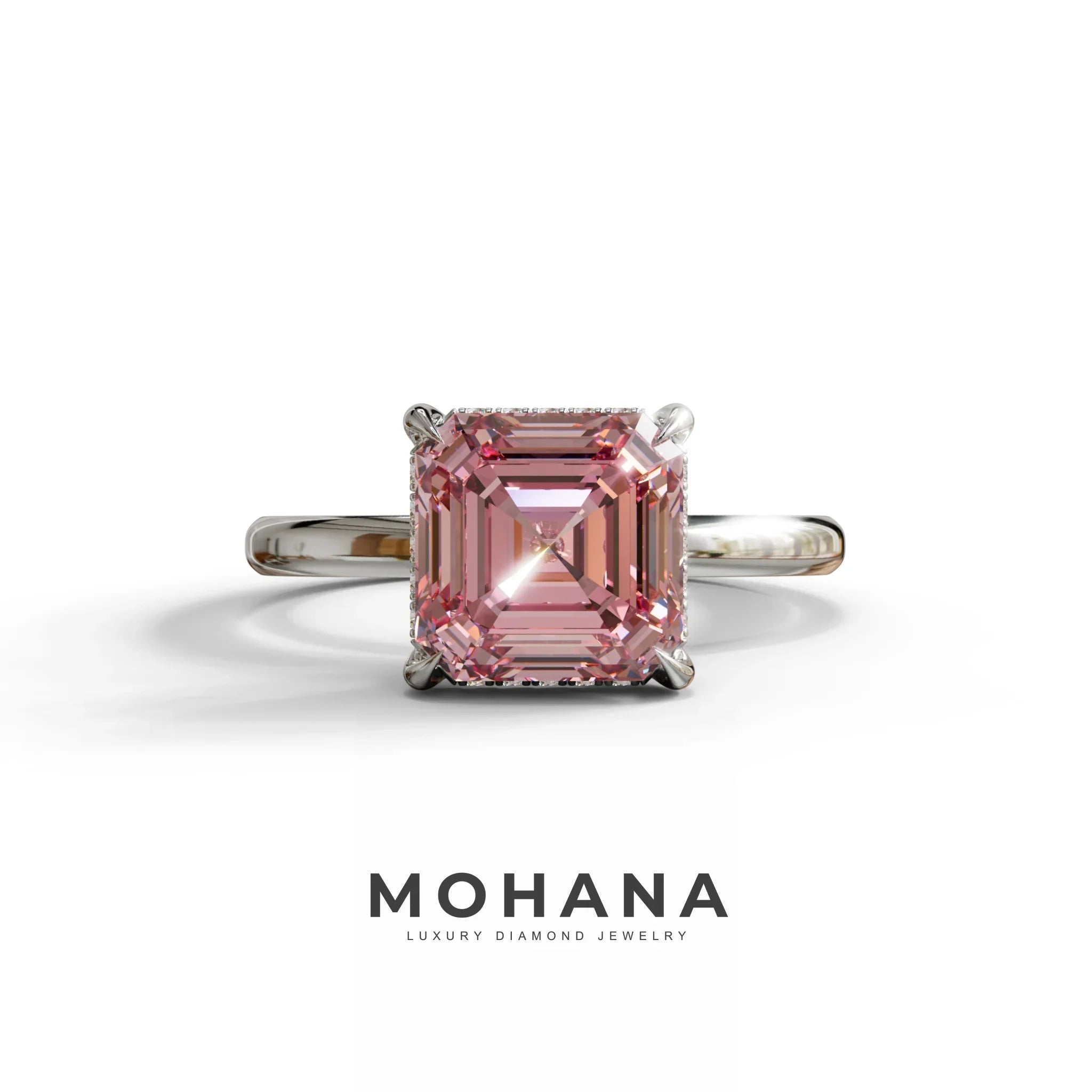2.5 Carat Pink Asscher Cut Hidden Halo Setting Lab Grown Diamond Ring - 10K Solid Gold / White Gold