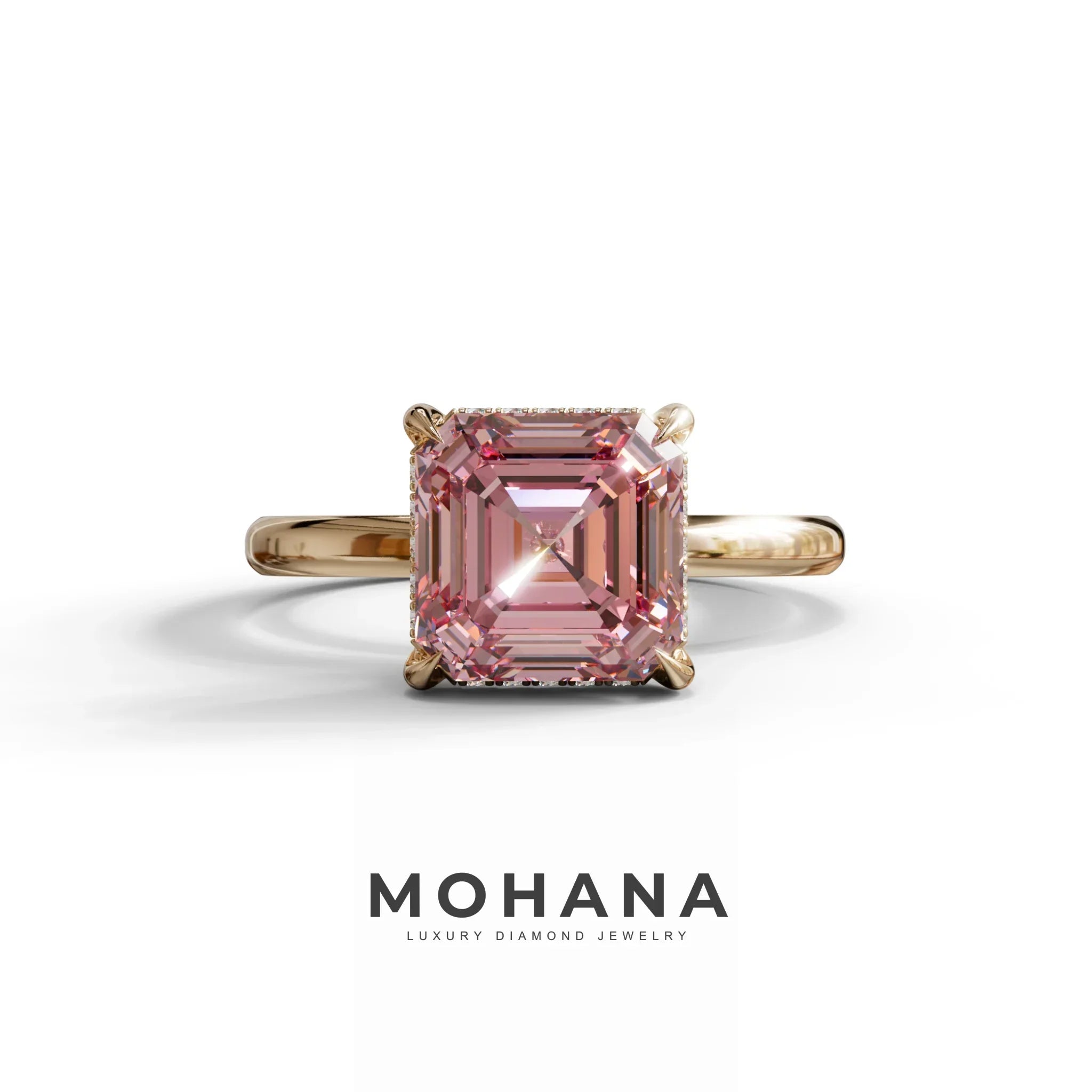 2.5 Carat Pink Asscher Cut Hidden Halo Setting Lab Grown Diamond Ring - 10K Solid Gold / Rose Gold
