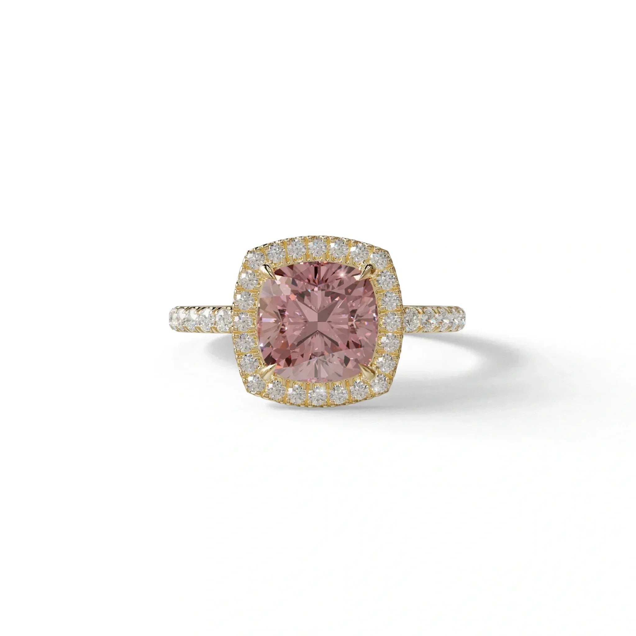 Pink Cushion Cut Halo & Pave Lab Grown Diamond Engagement Ring - Rosa - 2 Carat / 10K Solid Gold / Yellow Gold