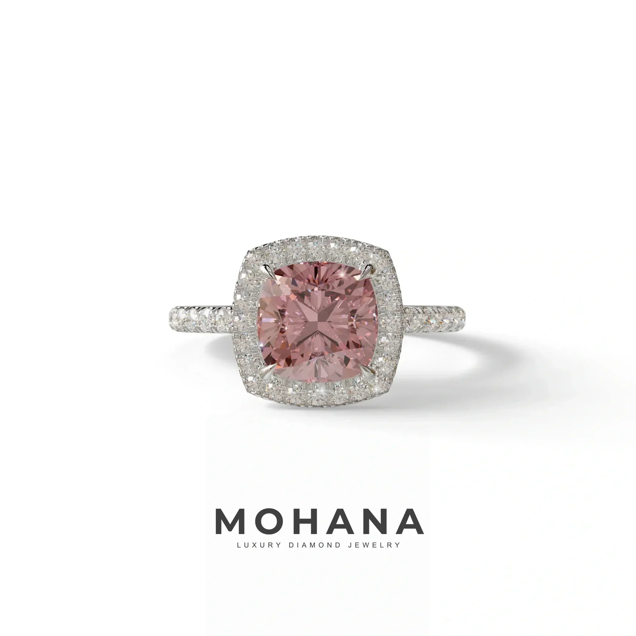 Pink Cushion Cut Halo & Pave Lab Grown Diamond Engagement Ring - Rosa - 2 Carat / 10K Solid Gold / White Gold
