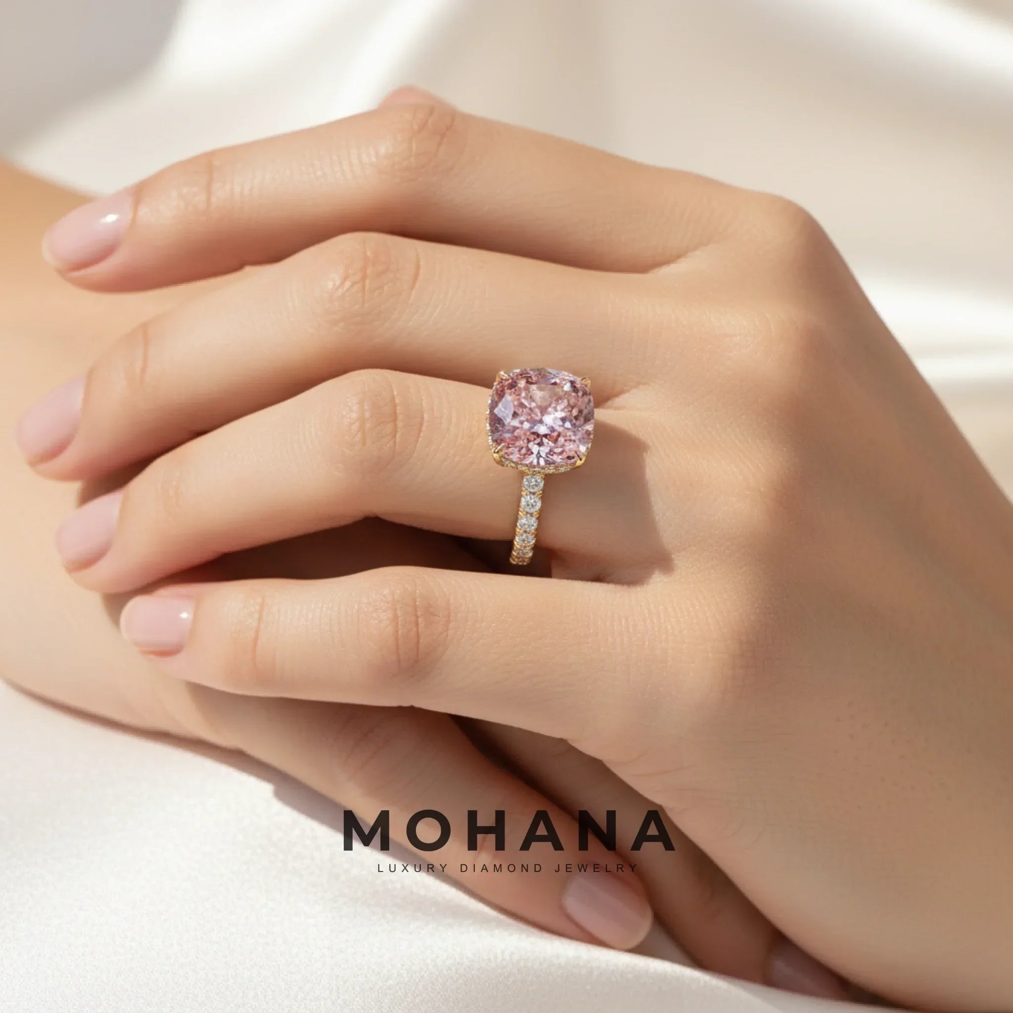 2.5 Carat Fancy Pink Cushion Cut Hidden Halo & Pave Lab Grown Diamond Ring