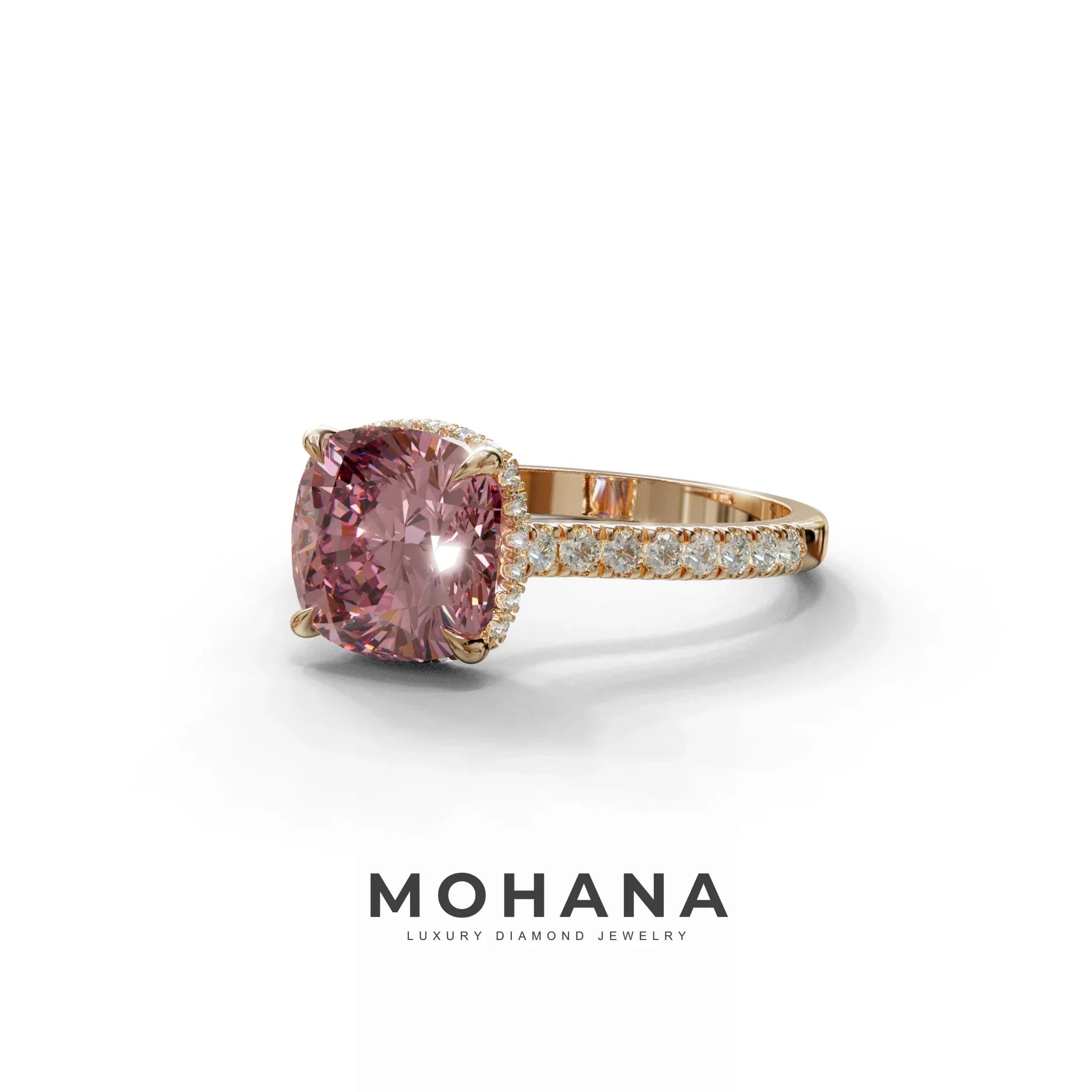 2.5 Carat Pink Cushion Cut Hidden Halo & Pave Lab Diamond Ring - Éblouissant