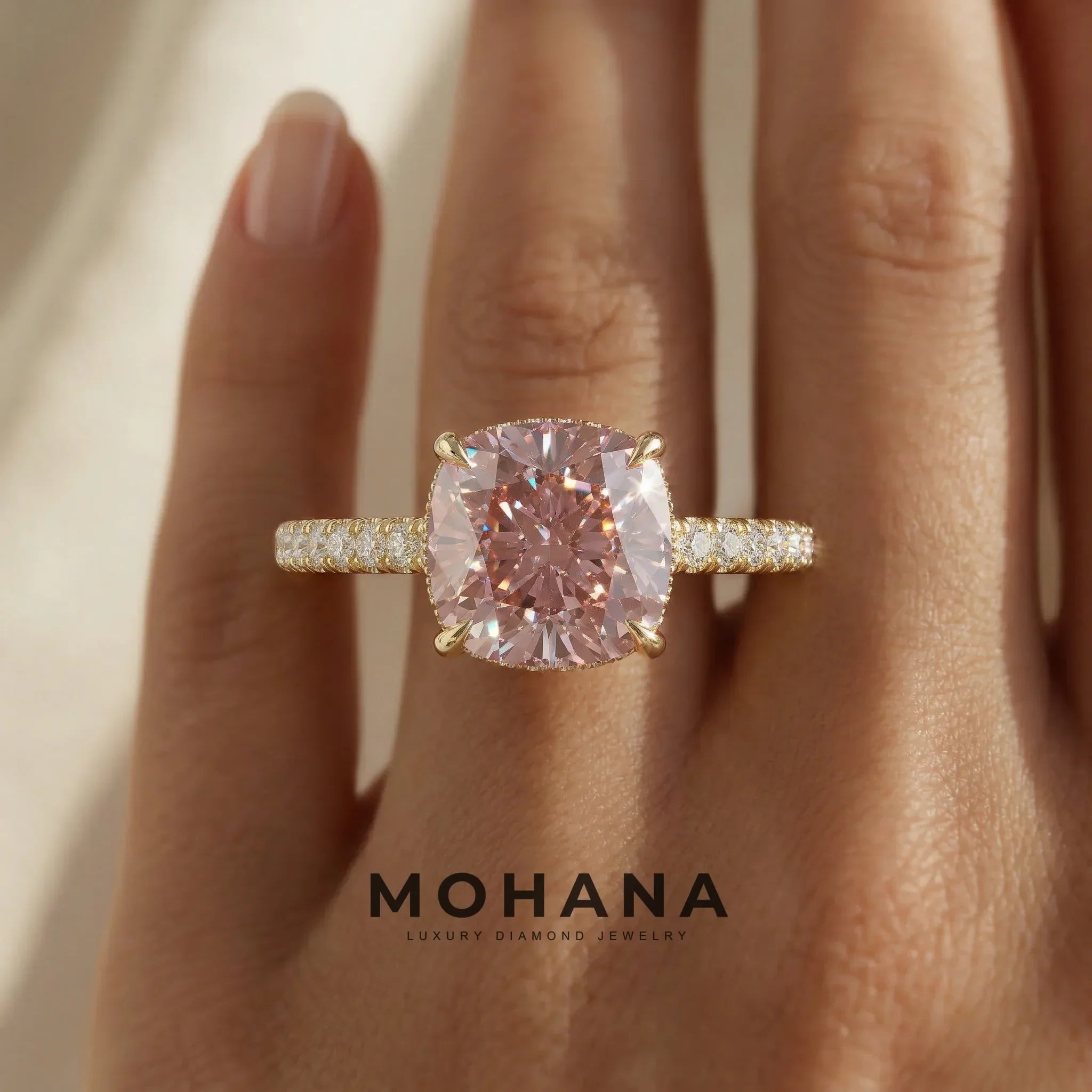 2.5 Carat Pink Cushion Cut Lab Grown Diamond Hidden Halo Pave Engagement Ring Eblouissant