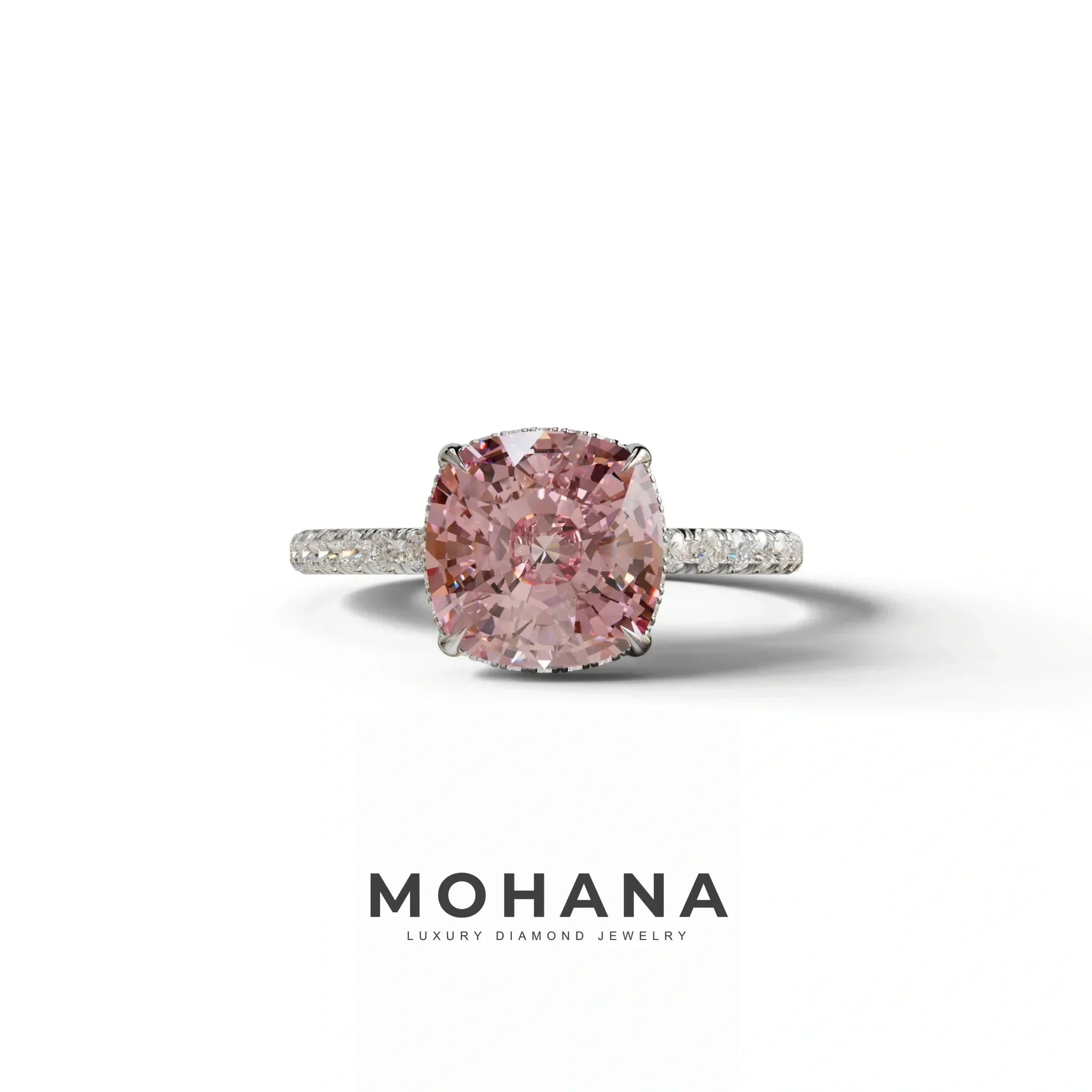 2.5 Carat Pink Cushion Cut Hidden Halo & Pave Lab Grown Diamond Ring - 10K Solid Gold / White Gold