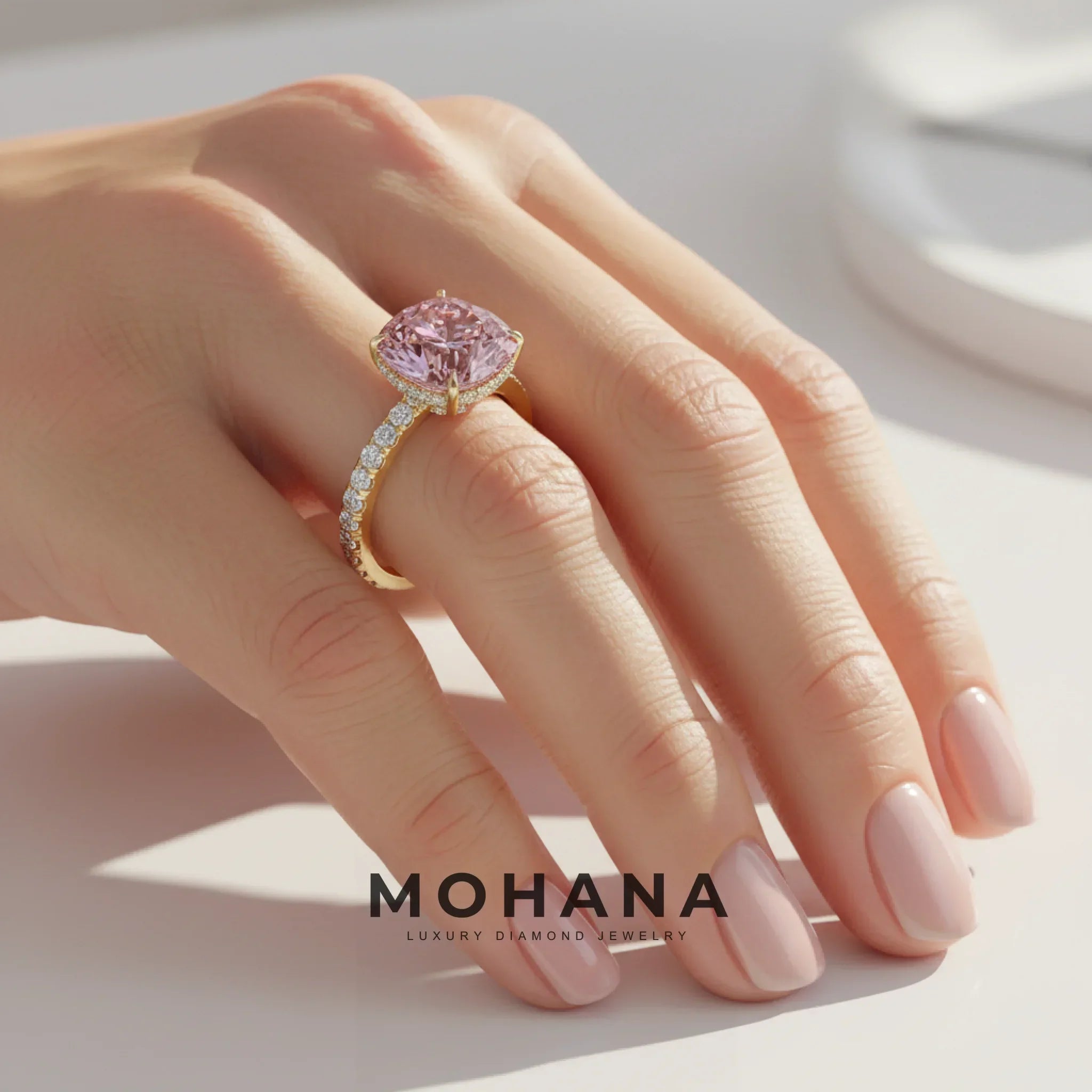 2.5 Carat Fancy Pink Cushion Cut Hidden Halo & Pave Lab Grown Diamond Ring