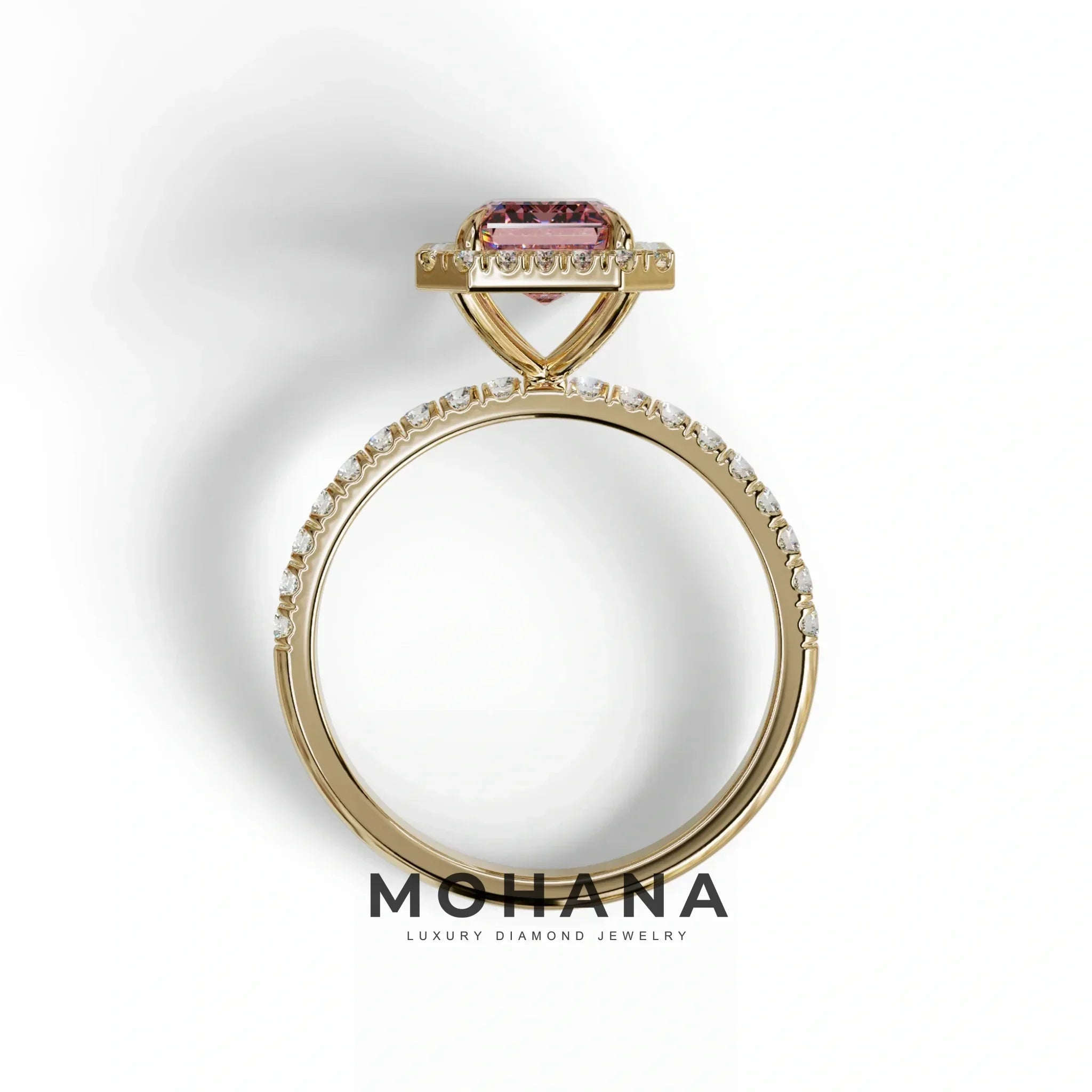 Pink Emerald Cut Halo & Pave Lab Grown Diamond Engagement Ring - Viola