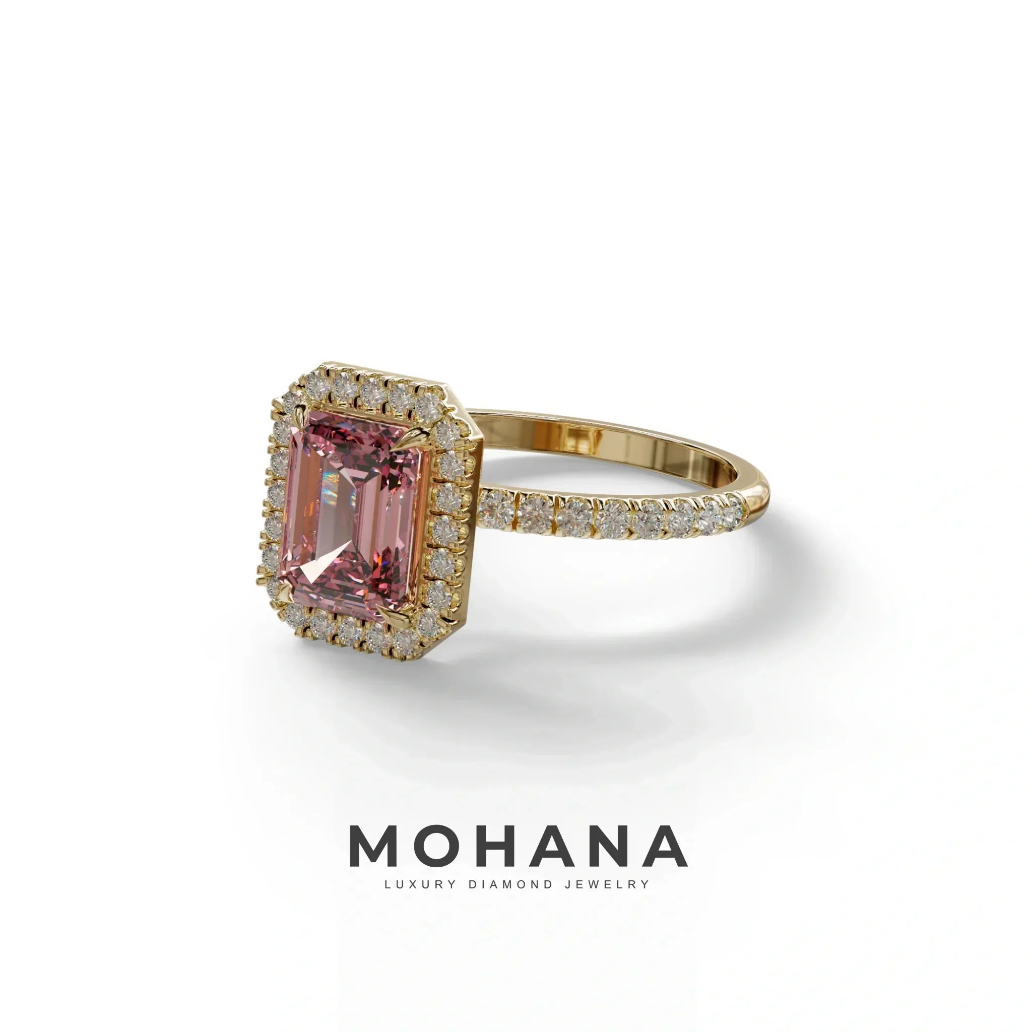 Pink Emerald Cut Halo & Pave Lab Grown Diamond Engagement Ring - Viola