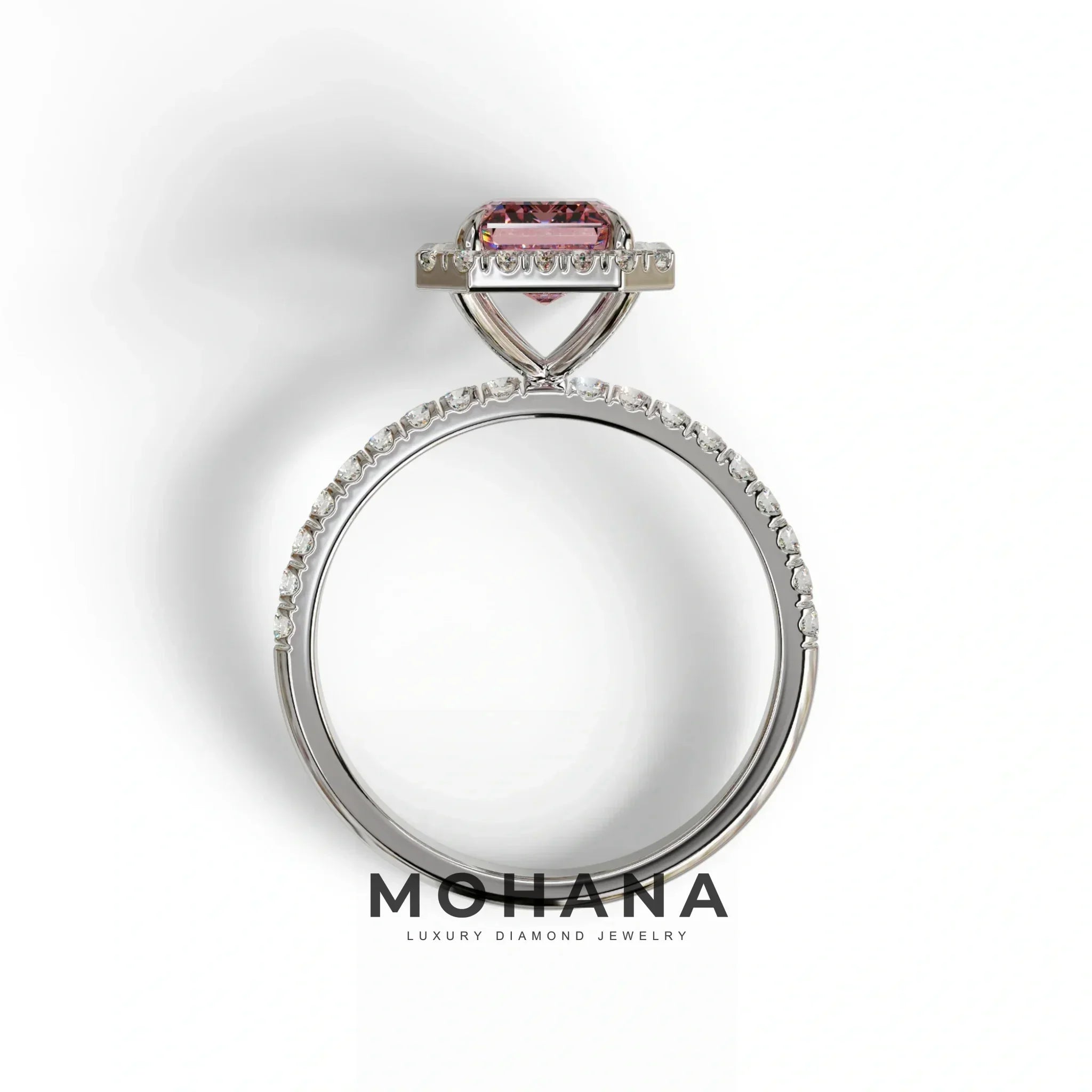 Pink Emerald Cut Halo & Pave Lab Grown Diamond Engagement Ring - Viola