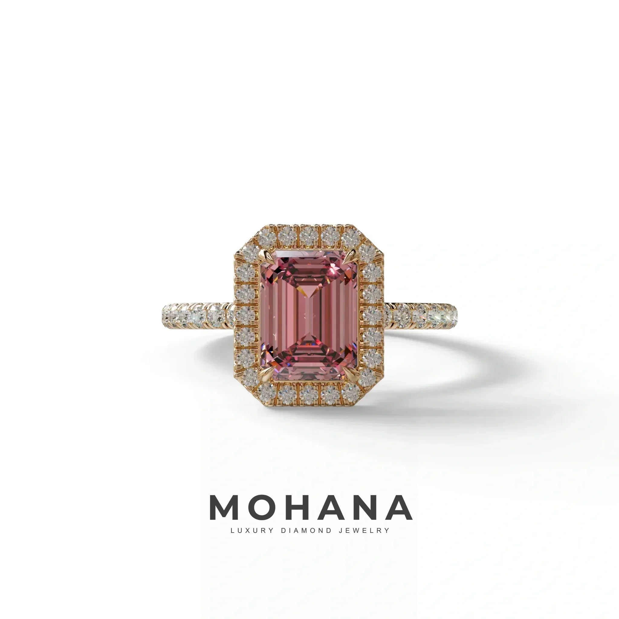 Pink Emerald Cut Halo & Pave Lab Grown Diamond Engagement Ring - Viola - 2 Carat / 10K Solid Gold / Rose Gold