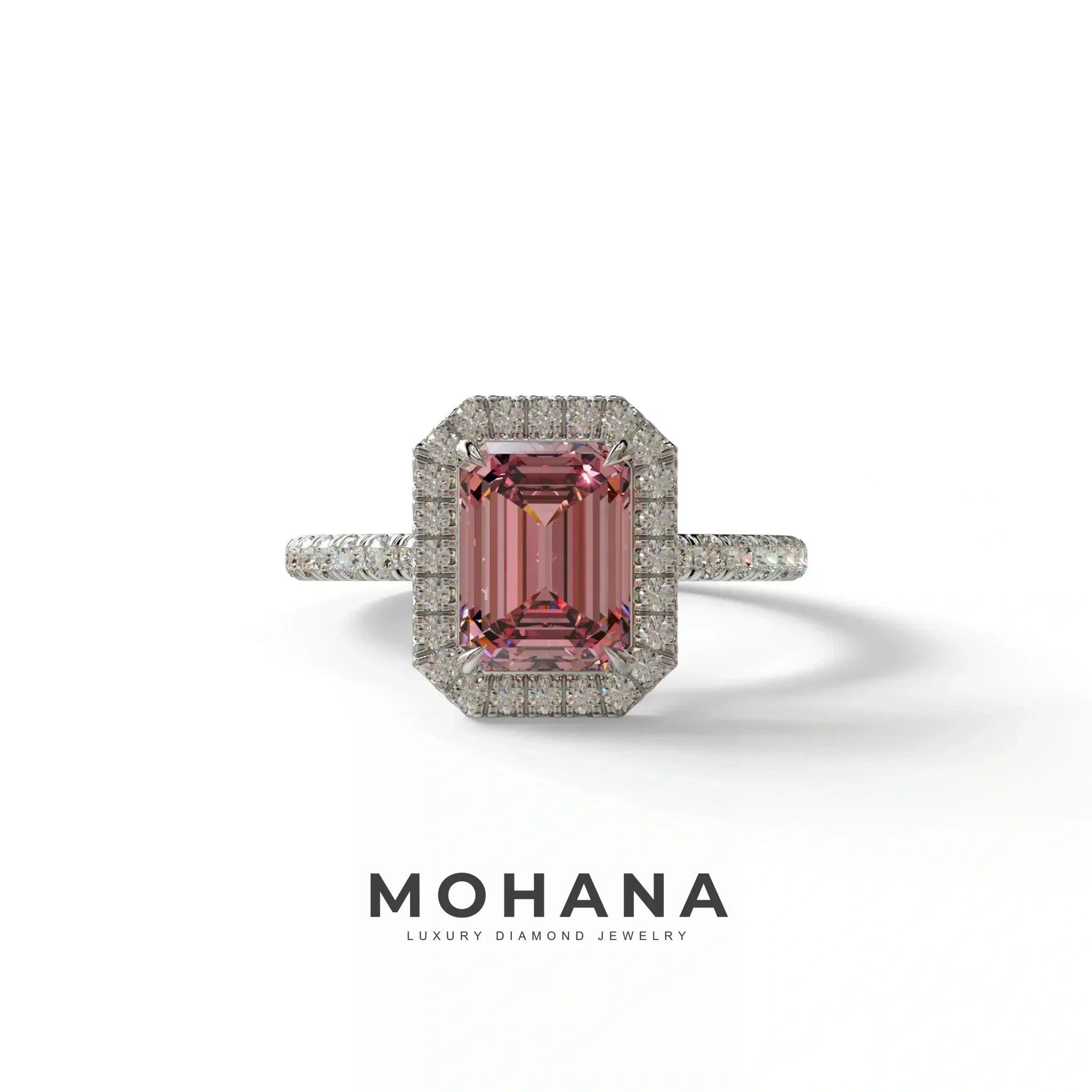 Pink Emerald Cut Halo & Pave Lab Grown Diamond Engagement Ring - Viola - 2 Carat / 10K Solid Gold / White Gold