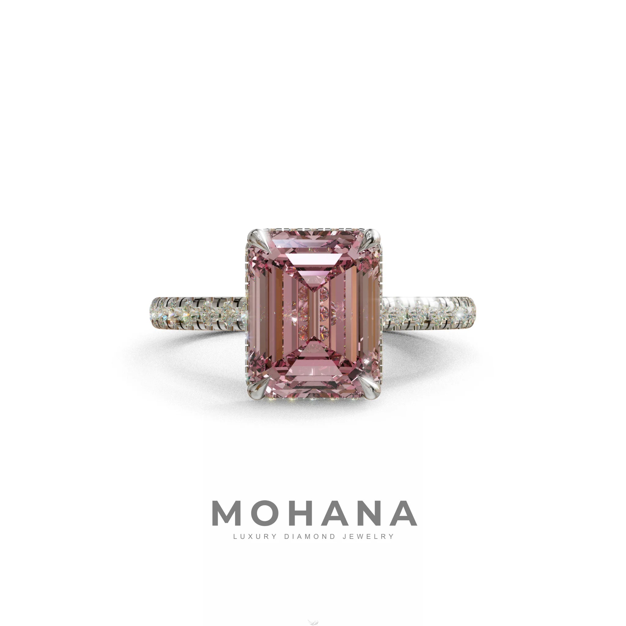 2.5 Ct Pink Emerald Cut Lab Diamond In Hidden Halo & Pave Setting Ring - Siena - 10K Solid Gold / White Gold