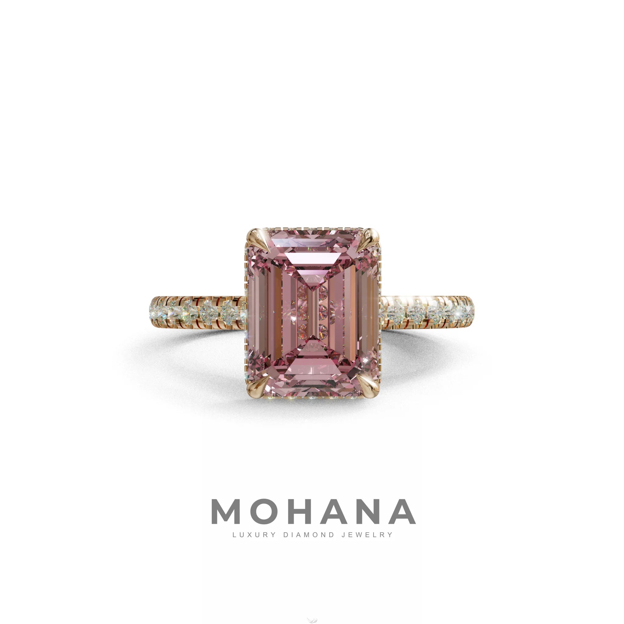2.5 Ct Pink Emerald Cut Lab Diamond In Hidden Halo & Pave Setting Ring - Siena - 10K Solid Gold / Rose Gold