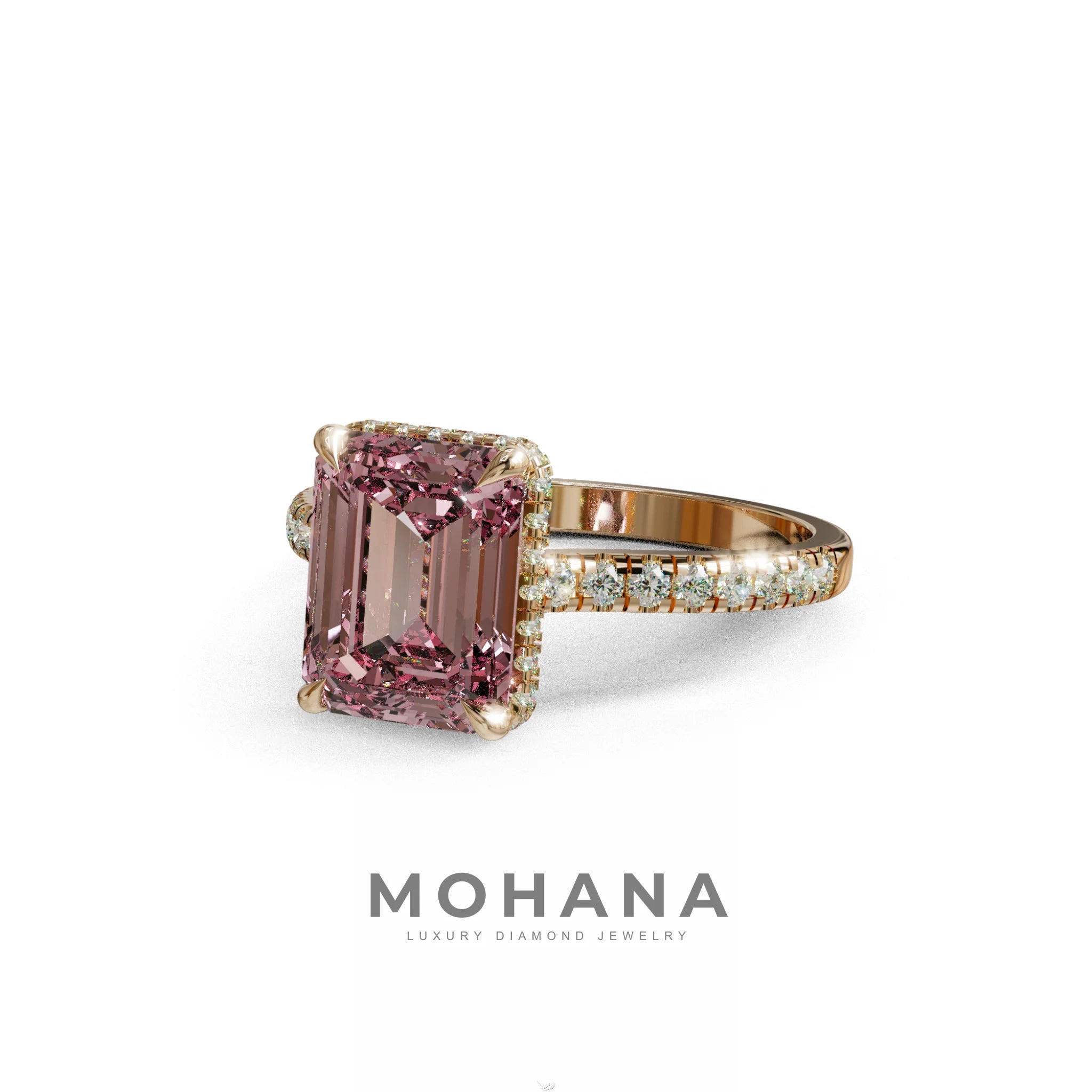 2.5 Ct Pink Emerald Cut Lab Diamond In Hidden Halo & Pave Setting Ring - Siena