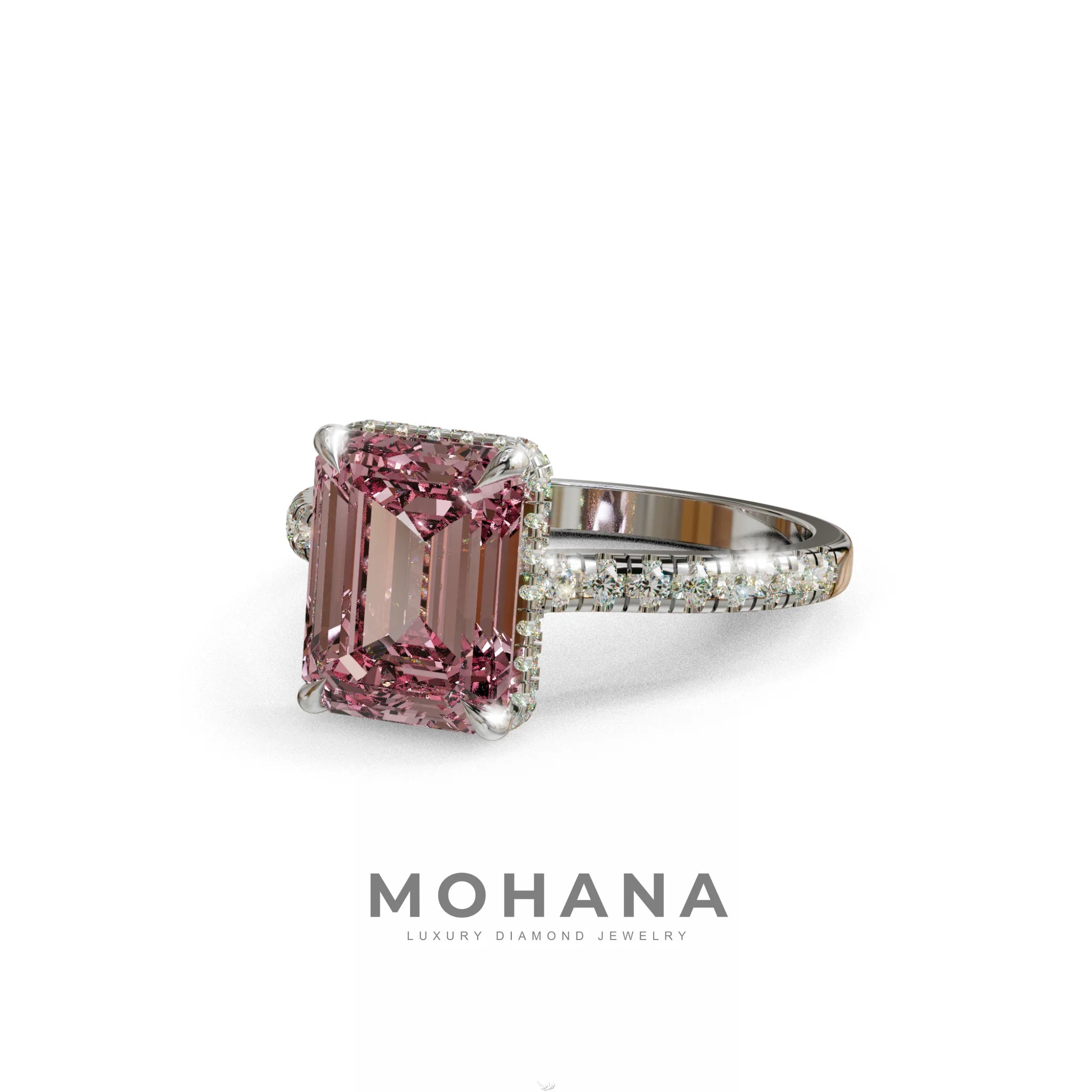 2.5 Ct Pink Emerald Cut Lab Diamond In Hidden Halo & Pave Setting Ring - Siena