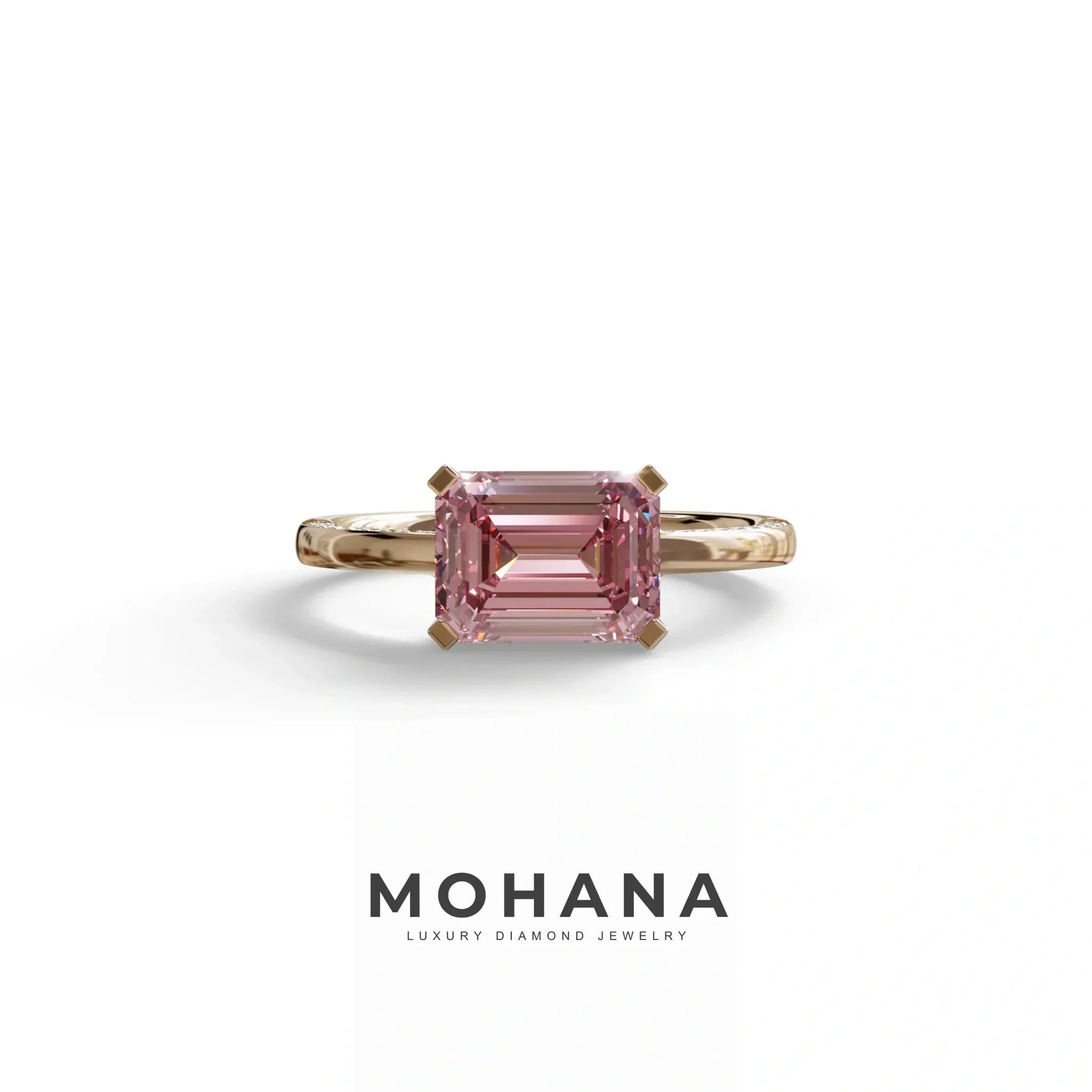 2.5 Ct Fancy Intense Pink Emerald Cut Lab Diamond In Pave-Chanel Setting Ring - Qiqi - 10K Solid Gold / Rose Gold