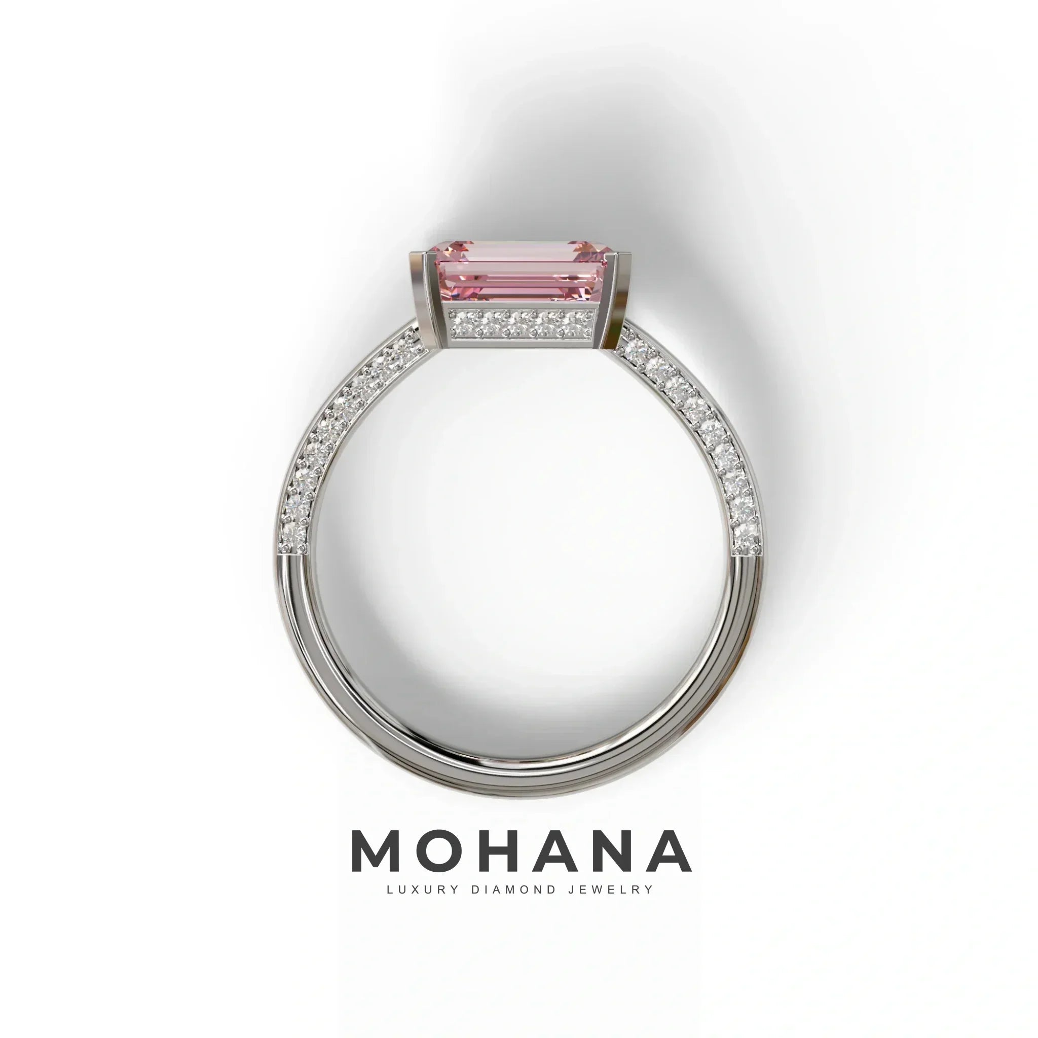 2.5 Ct Fancy Intense Pink Emerald Cut Lab Diamond In Pave-Chanel Setting Ring - Qiqi