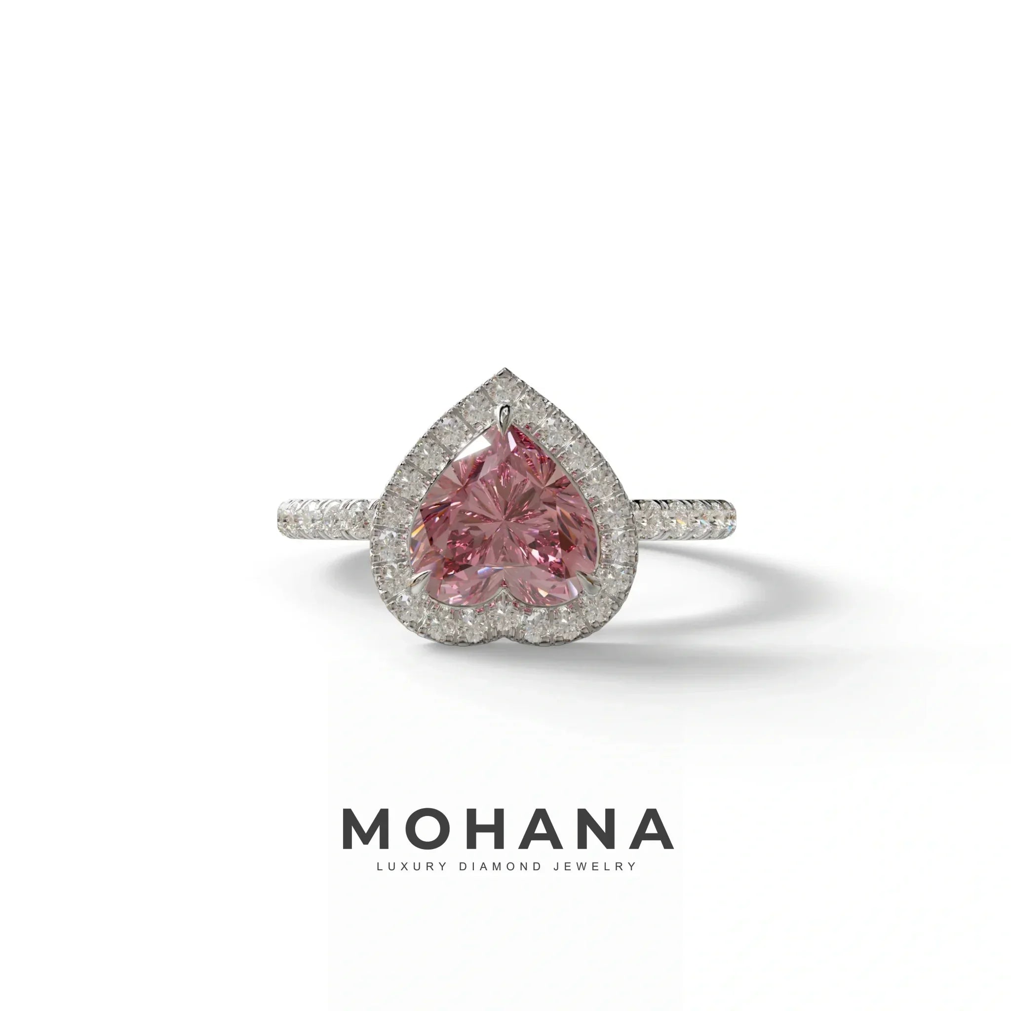 Pink Heart Cut Halo & Pavé Lab Grown Diamond Engagement Ring - Gelia - 2 Carat / 10K Solid Gold / White Gold