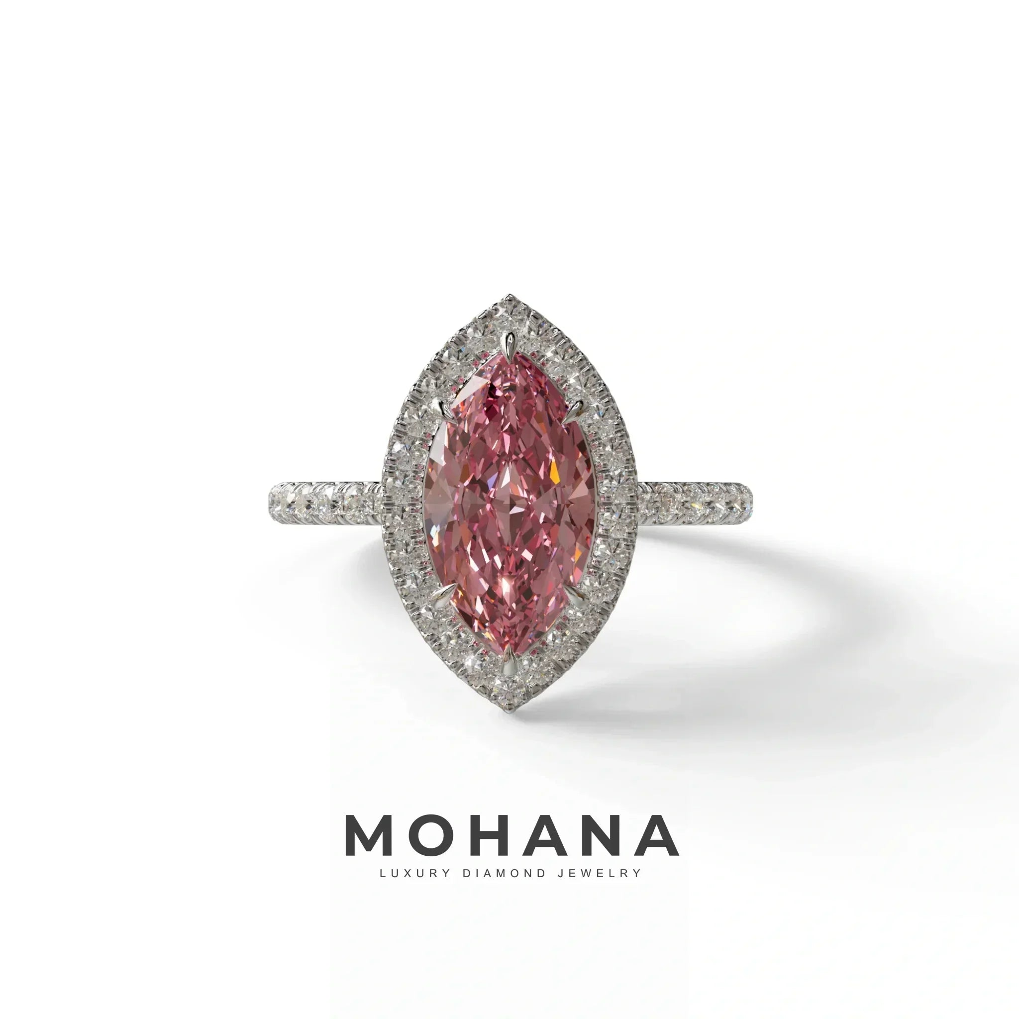 Pink Marquise Cut Halo & Pave Lab Grown Diamond Engagement Ring - Simplicity - 2 Carat / 10K Solid Gold / White Gold