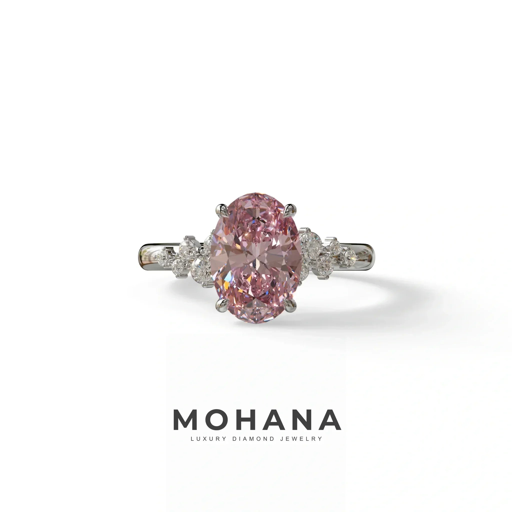 Pink Oval Cut Cluster-Vintage Setting Lab Grown Diamond Ring - Celeste Arc - 2 Carat / 10K Solid Gold / White Gold