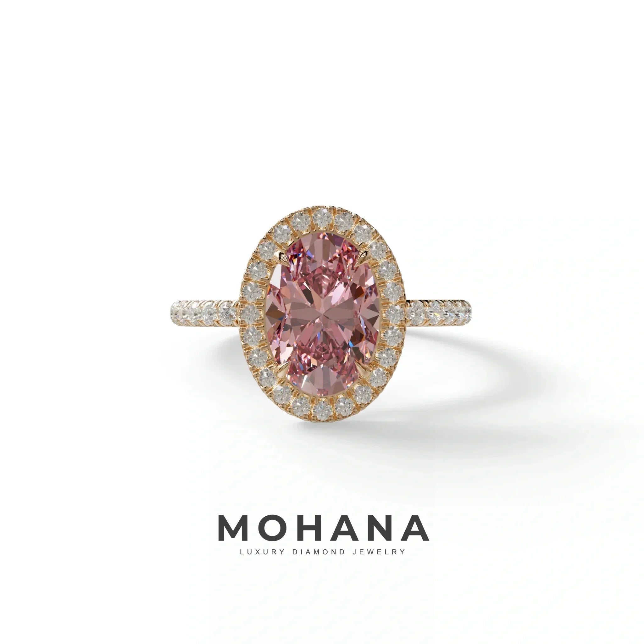 Pink Oval Cut Halo & Pave Lab Grown Diamond Engagement Ring - AnnaBella - 2 Carat / 10K Solid Gold / Rose Gold