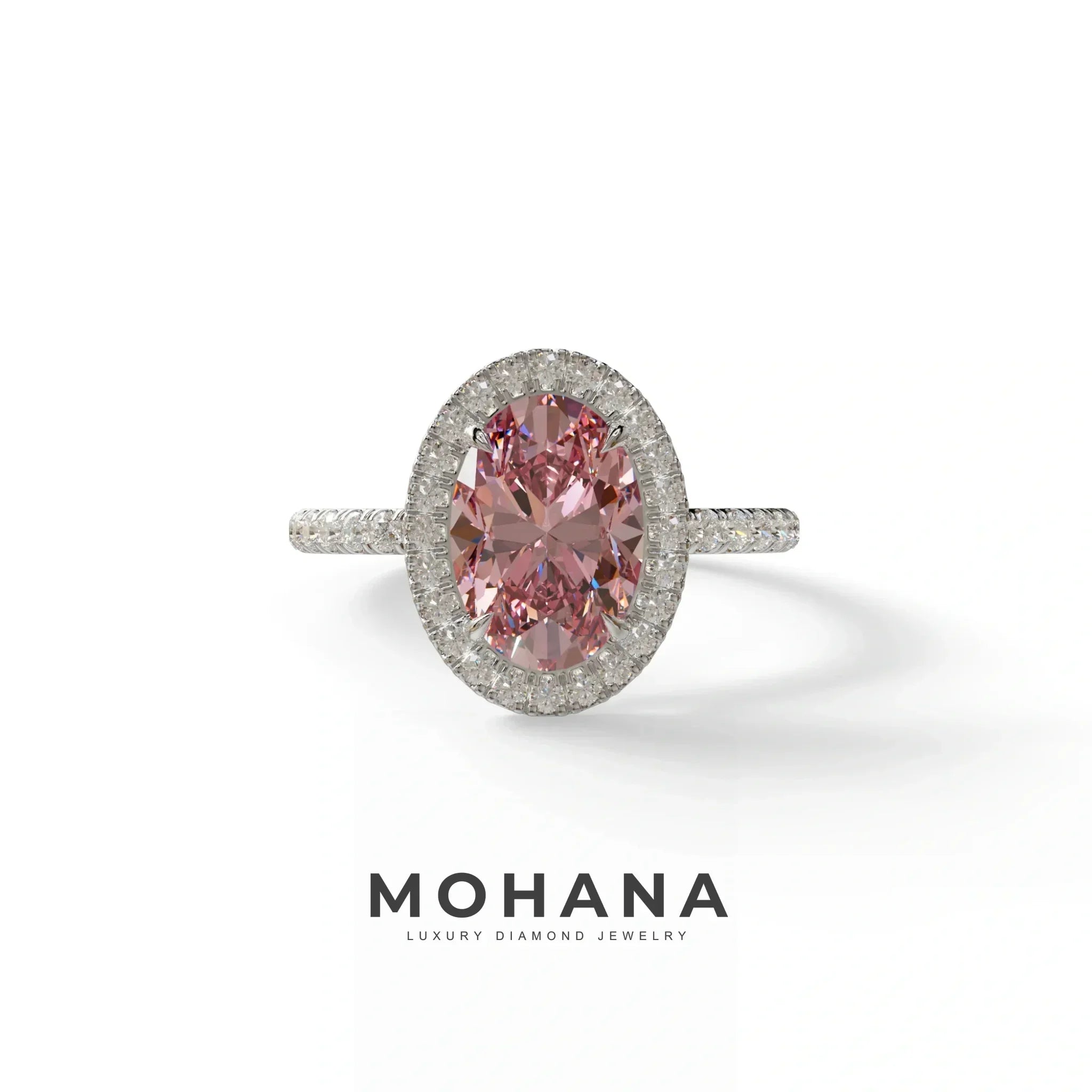 Pink Oval Cut Halo & Pave Lab Grown Diamond Engagement Ring - AnnaBella - 2 Carat / 10K Solid Gold / White Gold