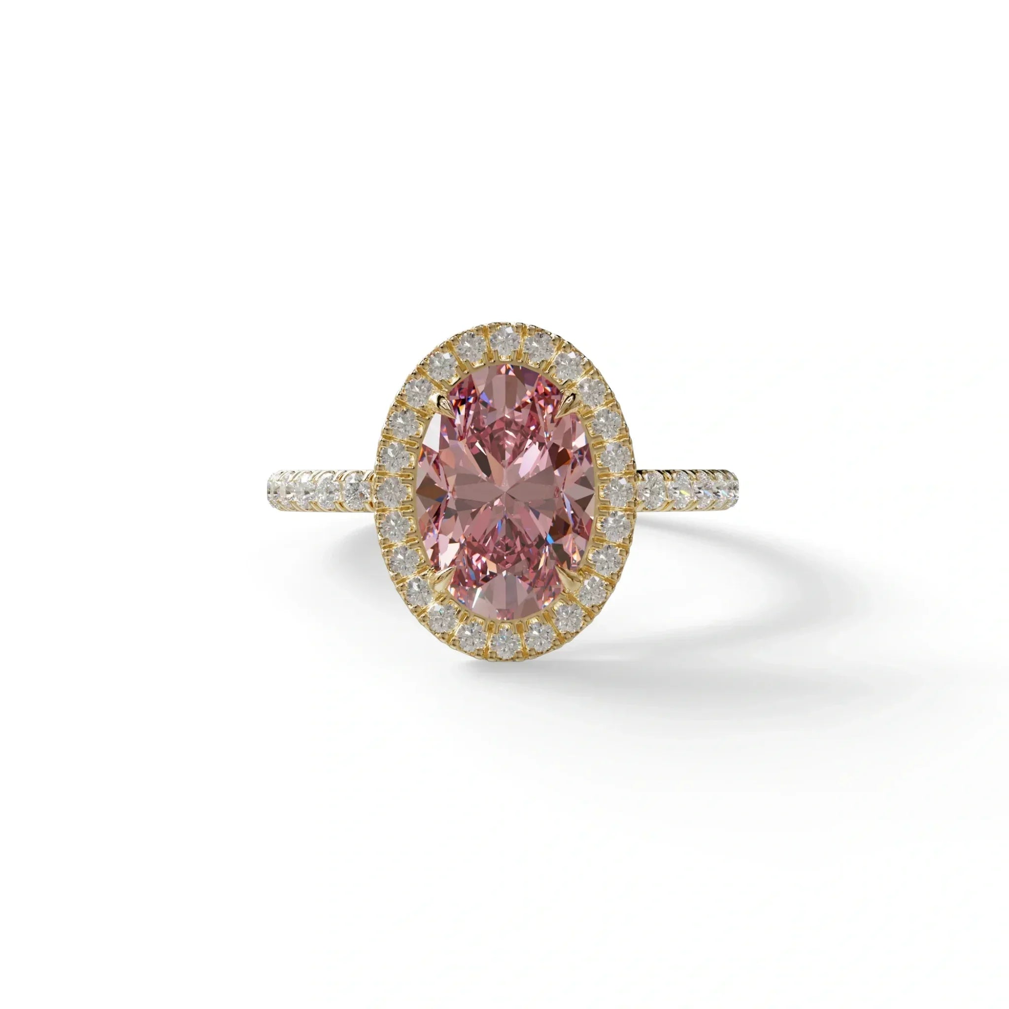 Pink Oval Cut Halo & Pave Lab Grown Diamond Engagement Ring - AnnaBella - 2 Carat / 10K Solid Gold / Yellow Gold
