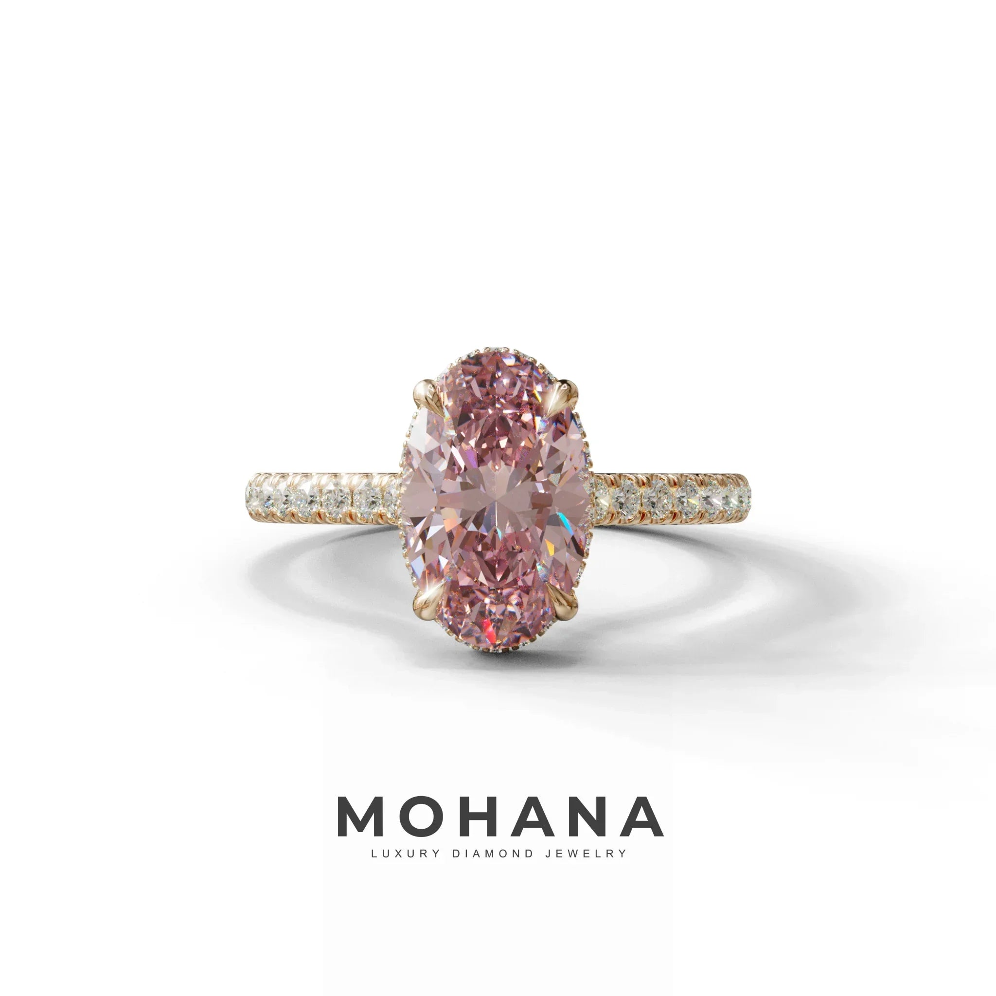 2.5 Carat Pink Oval Hidden Halo & Pave Setting Lab Diamond Ring - Eblouissant - 10K Solid Gold / Rose Gold
