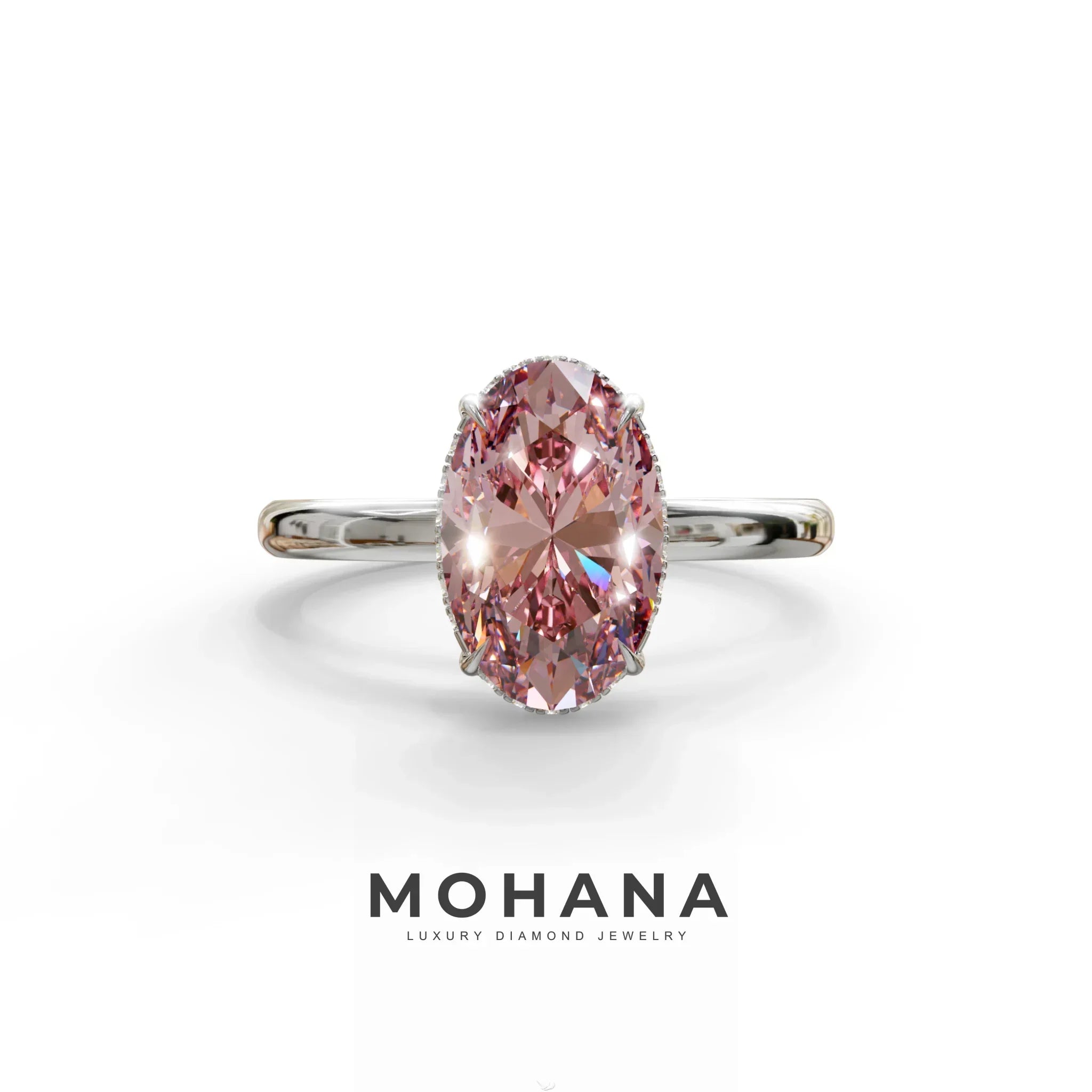 2.5 Carat Pink Oval Cut Hidden Halo Lab Diamond Ring - Mi Amor - 10K Solid Gold / White Gold