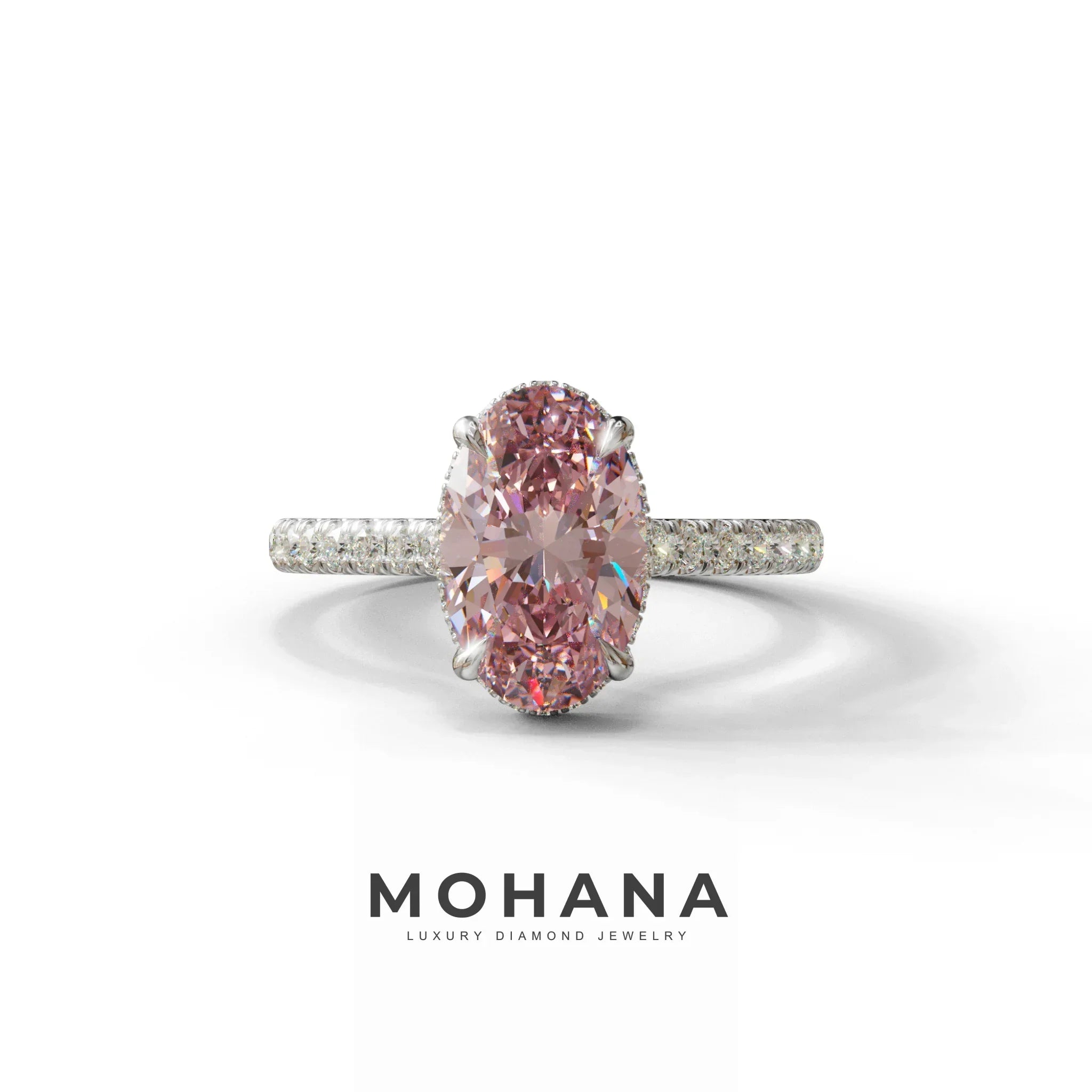 2.5 Carat Pink Oval Hidden Halo & Pave Setting Lab Diamond Ring - Eblouissant - 10K Solid Gold / White Gold