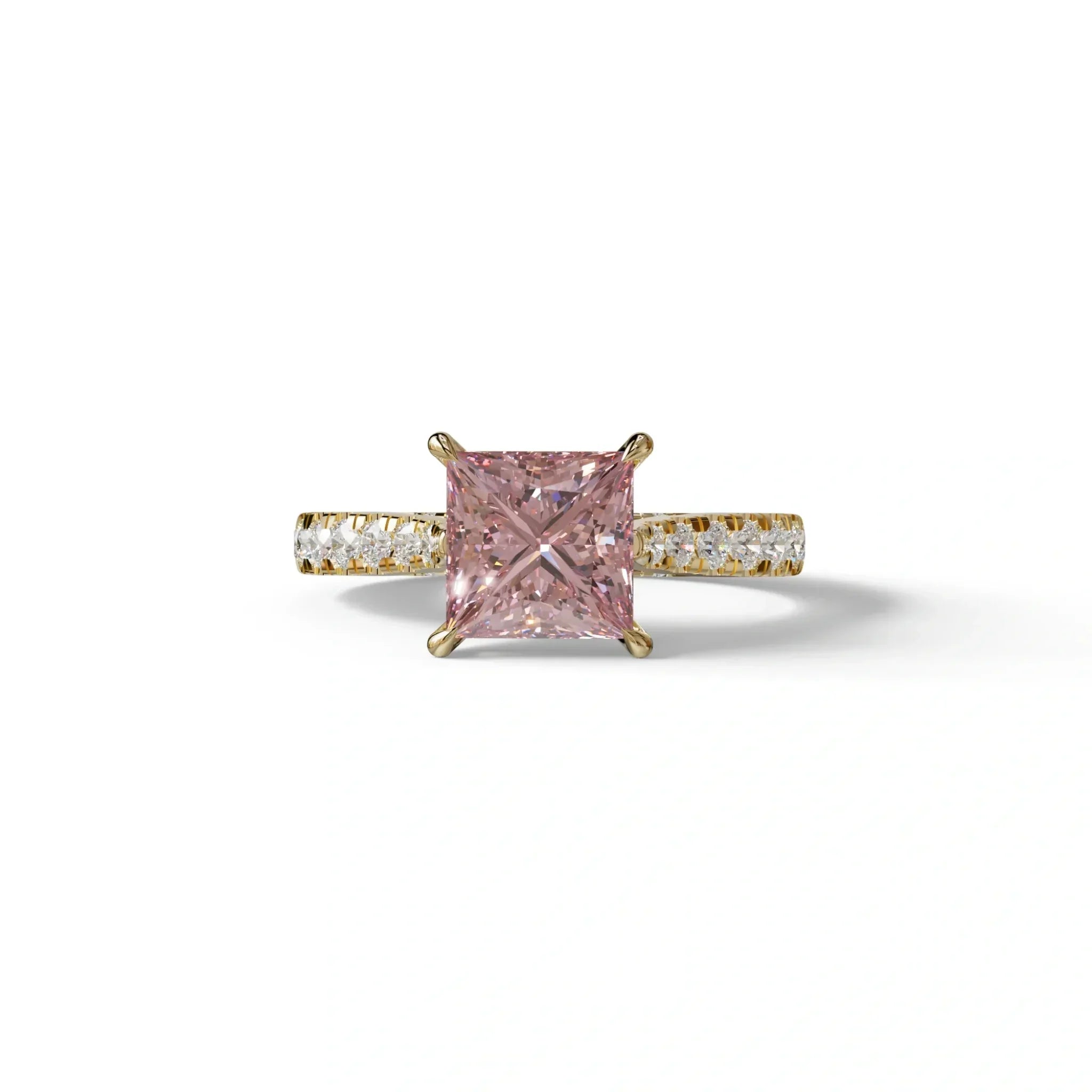2.5 Carat Pink Princess Cut Hidden Halo & Pave Lab Diamond Ring - Aries - 10K Solid Gold / Yellow Gold