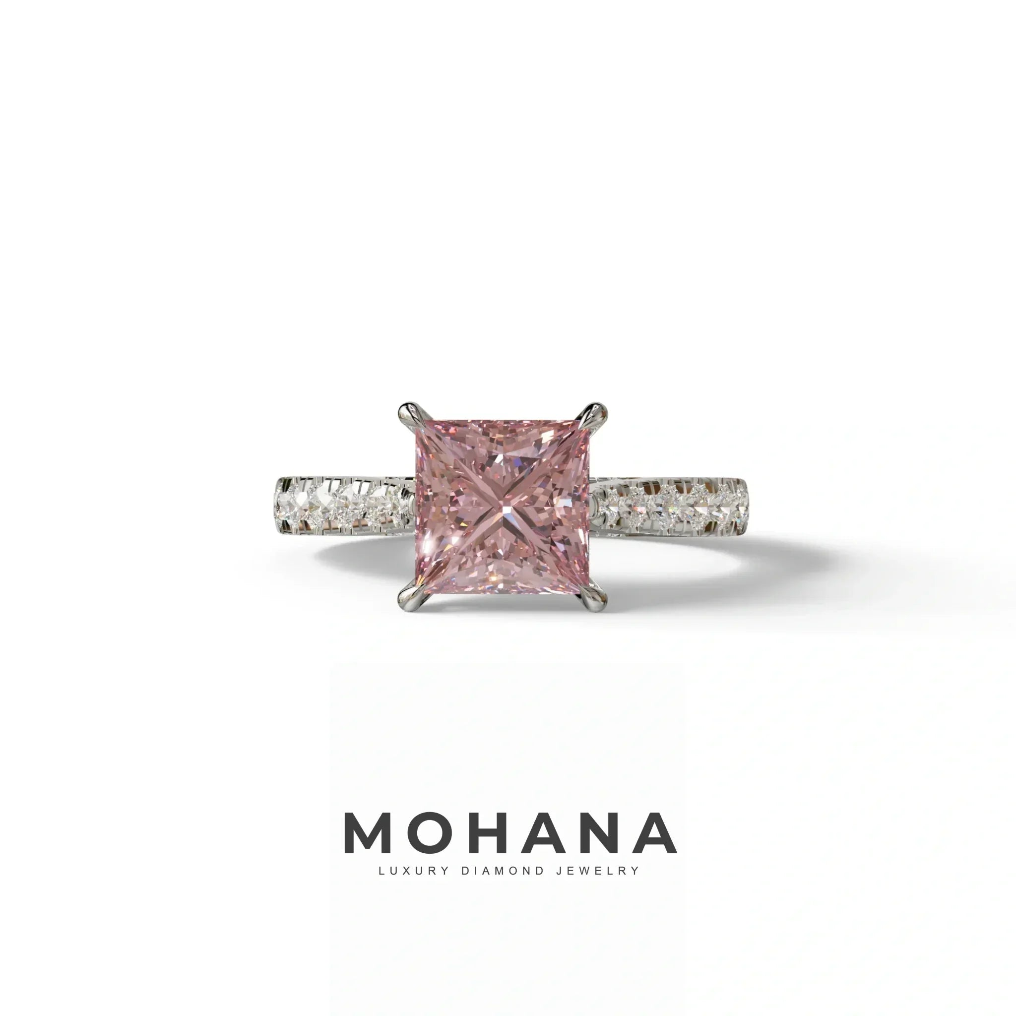 2.5 Carat Pink Princess Cut Hidden Halo & Pave Lab Diamond Ring - Aries - 10K Solid Gold / White Gold