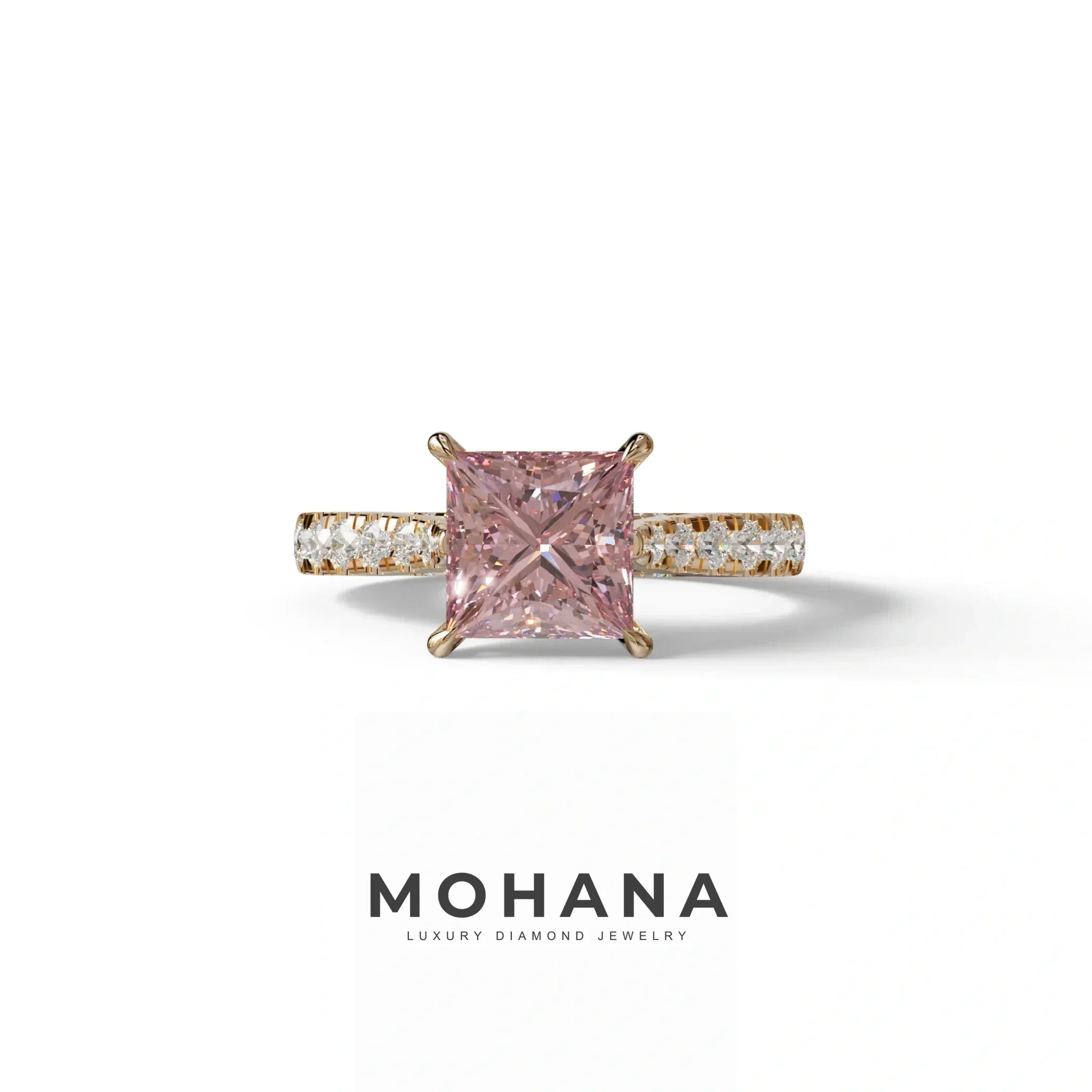 2.5 Carat Pink Princess Cut Hidden Halo & Pave Lab Diamond Ring - Aries - 10K Solid Gold / Rose Gold