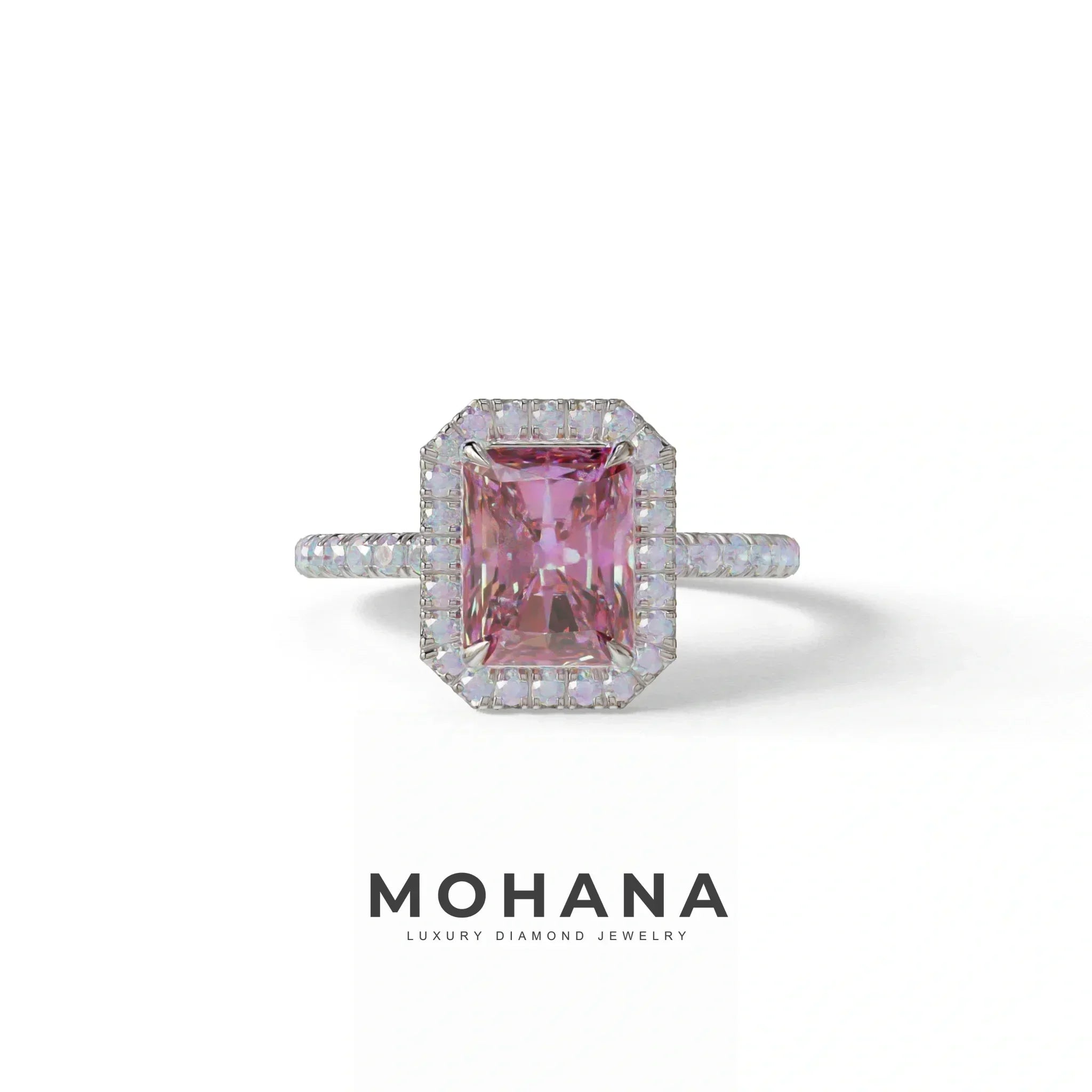 Pink Radiant Cut Halo & Pave Lab Grown Diamond Engagement Ring - Madison - 2 Carat / 10K Solid Gold / White Gold