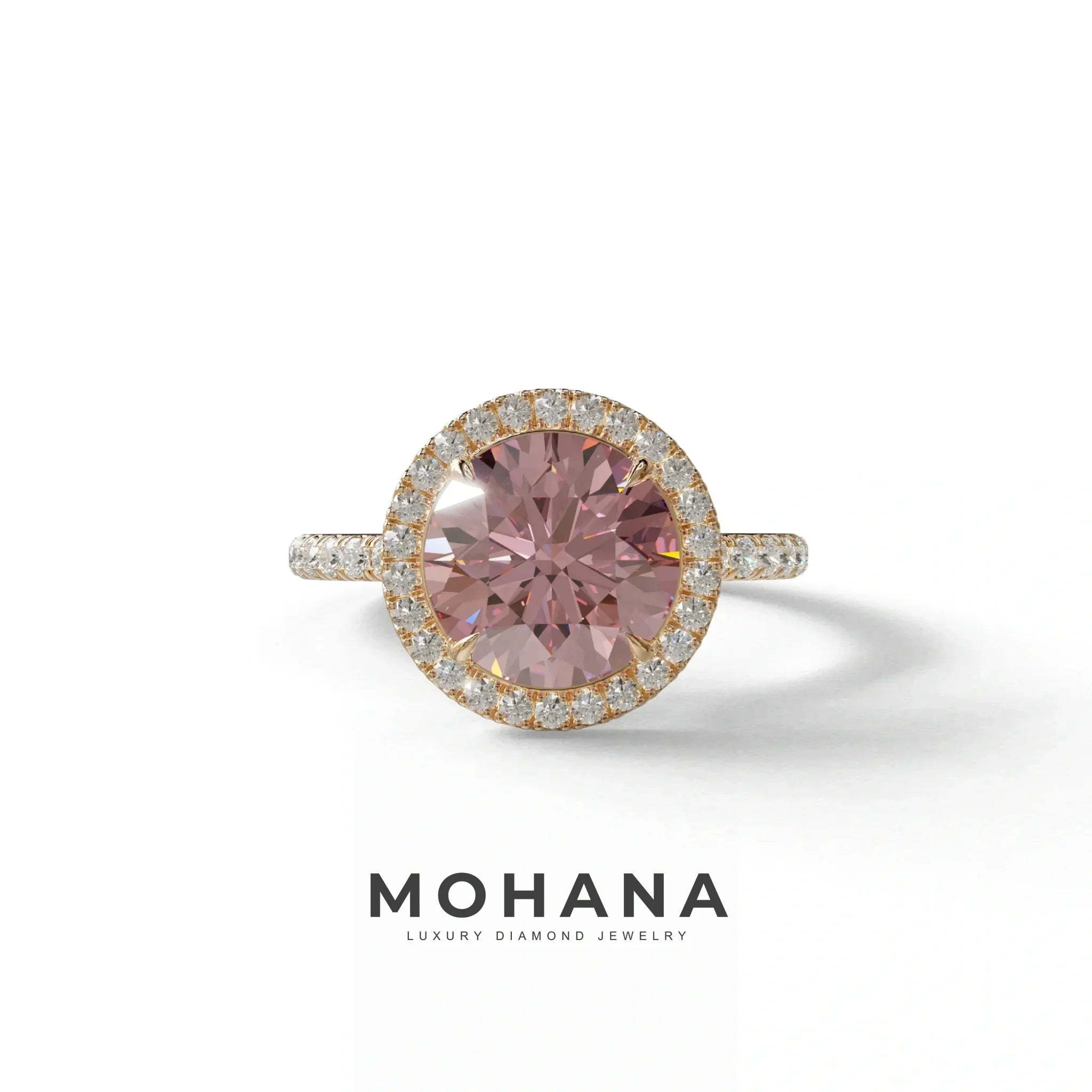 Fancy Pink Round Cut Halo & Pave Lab Grown Diamond Engagement Ring - Flutura - 2 Carat / 10K Solid Gold / Rose Gold