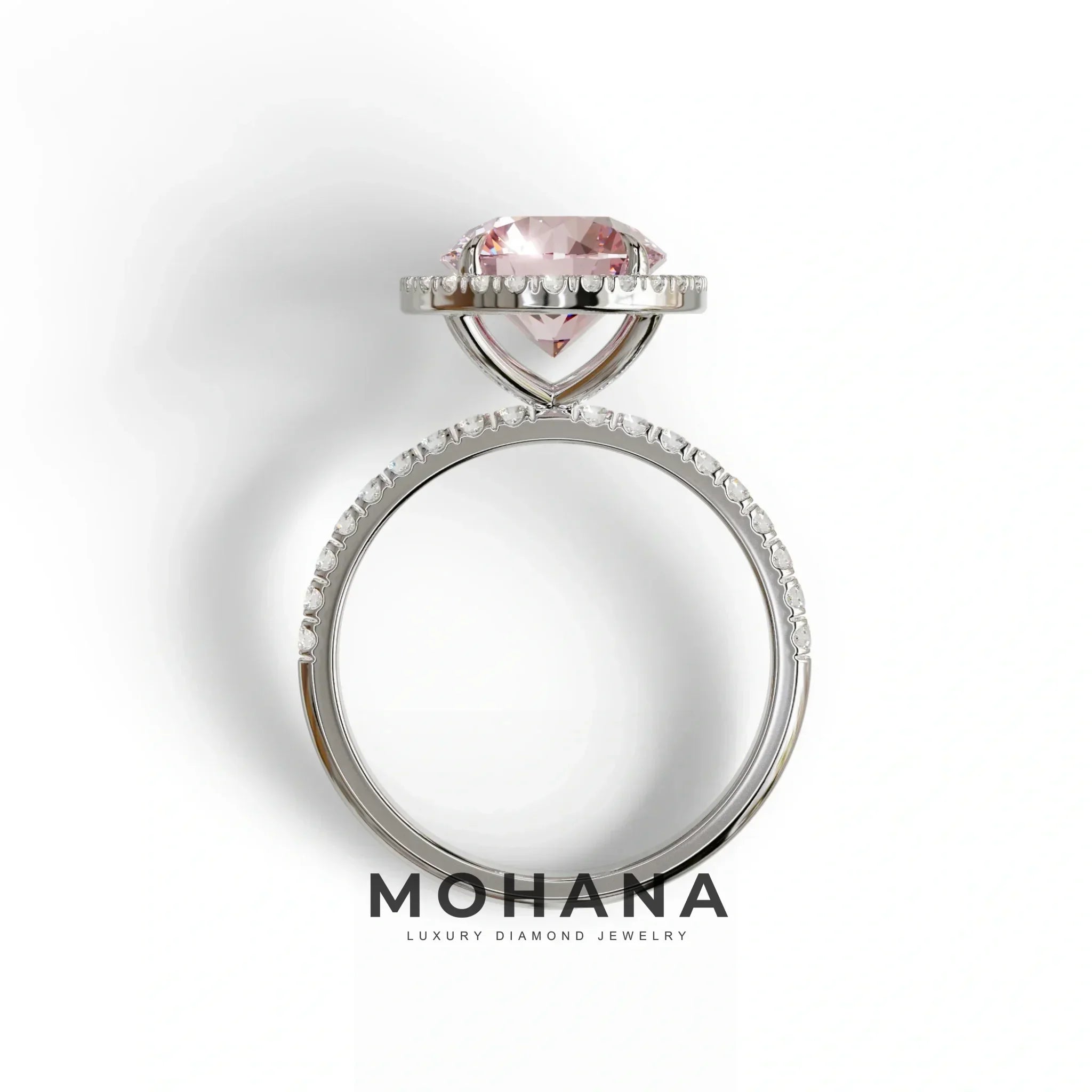 Fancy Pink Round Cut Halo & Pave Lab Grown Diamond Engagement Ring - Flutura