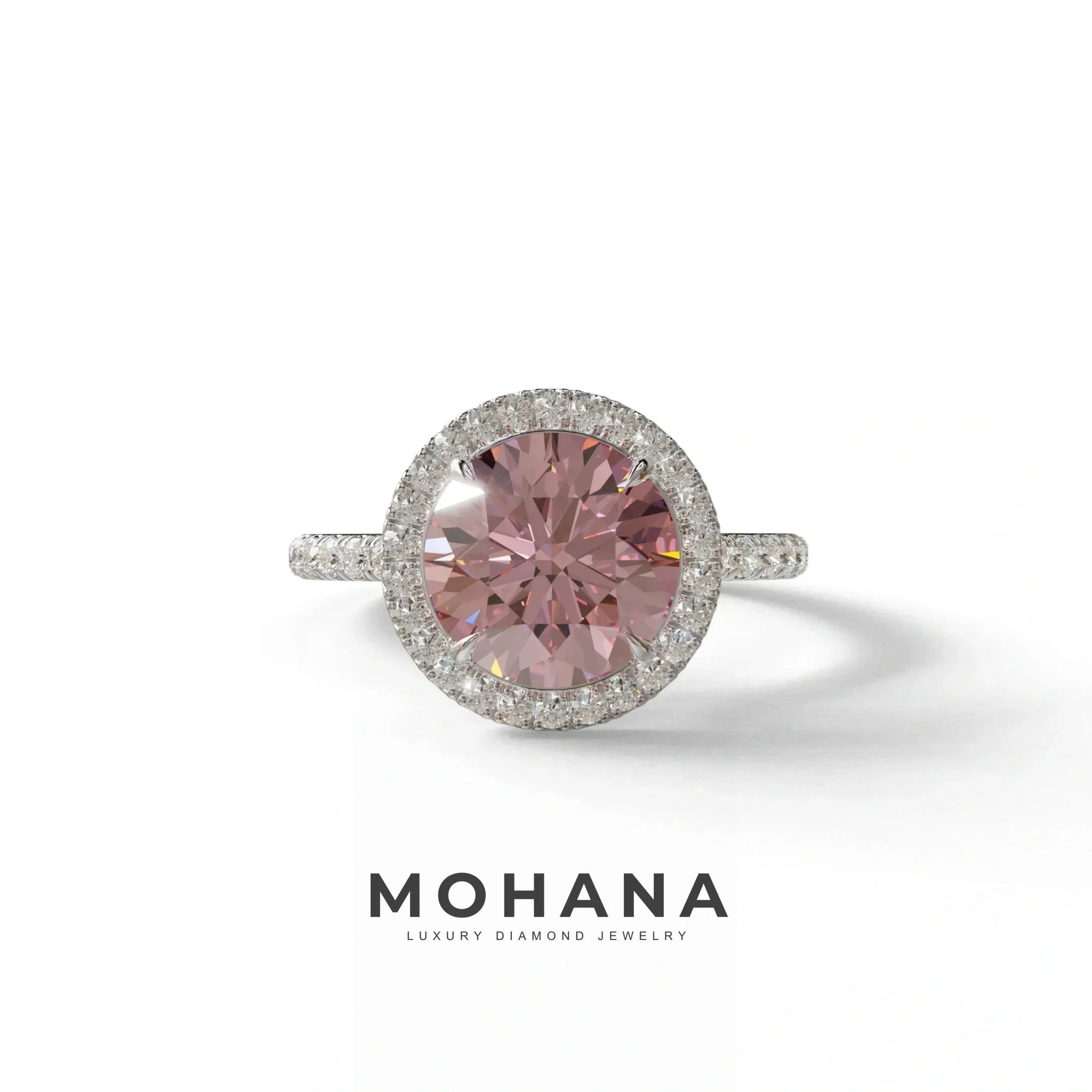 Fancy Pink Round Cut Halo & Pave Lab Grown Diamond Engagement Ring - Flutura - 2 Carat / 10K Solid Gold / White Gold