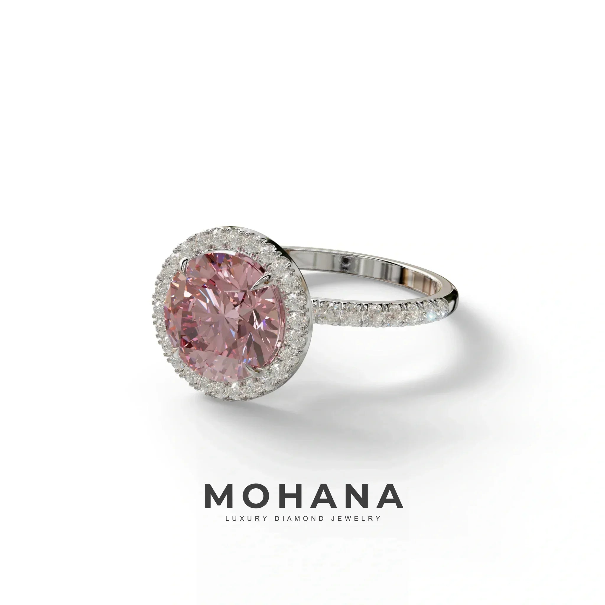 Fancy Pink Round Cut Halo & Pave Lab Grown Diamond Engagement Ring - Flutura