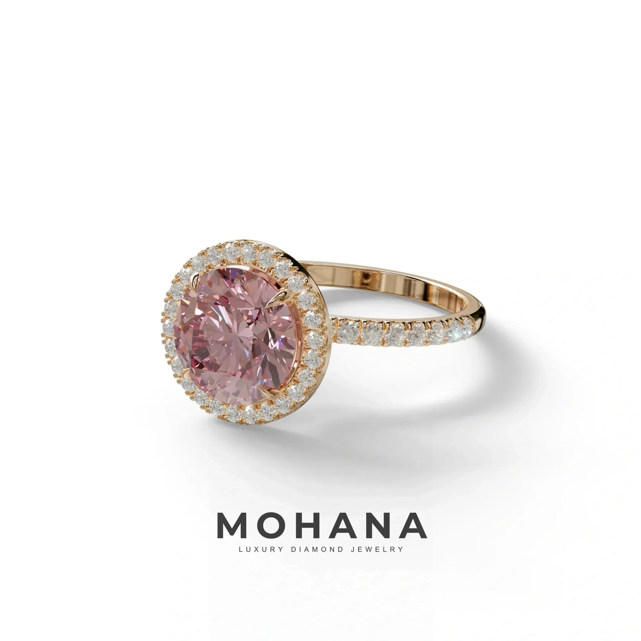 Fancy Pink Round Cut Halo & Pave Lab Grown Diamond Engagement Ring - Flutura