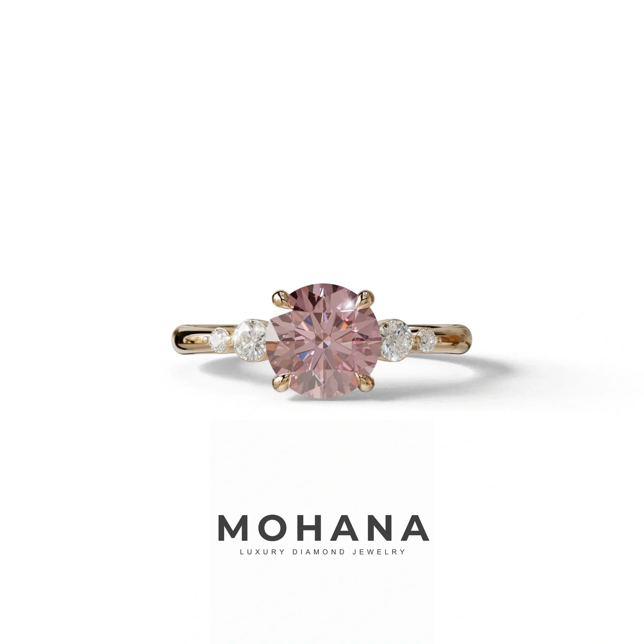 Pink Round Three Stone Lab Grown Diamond Engagement Ring - Romance - 2 Carat / 10K Solid Gold / Rose Gold