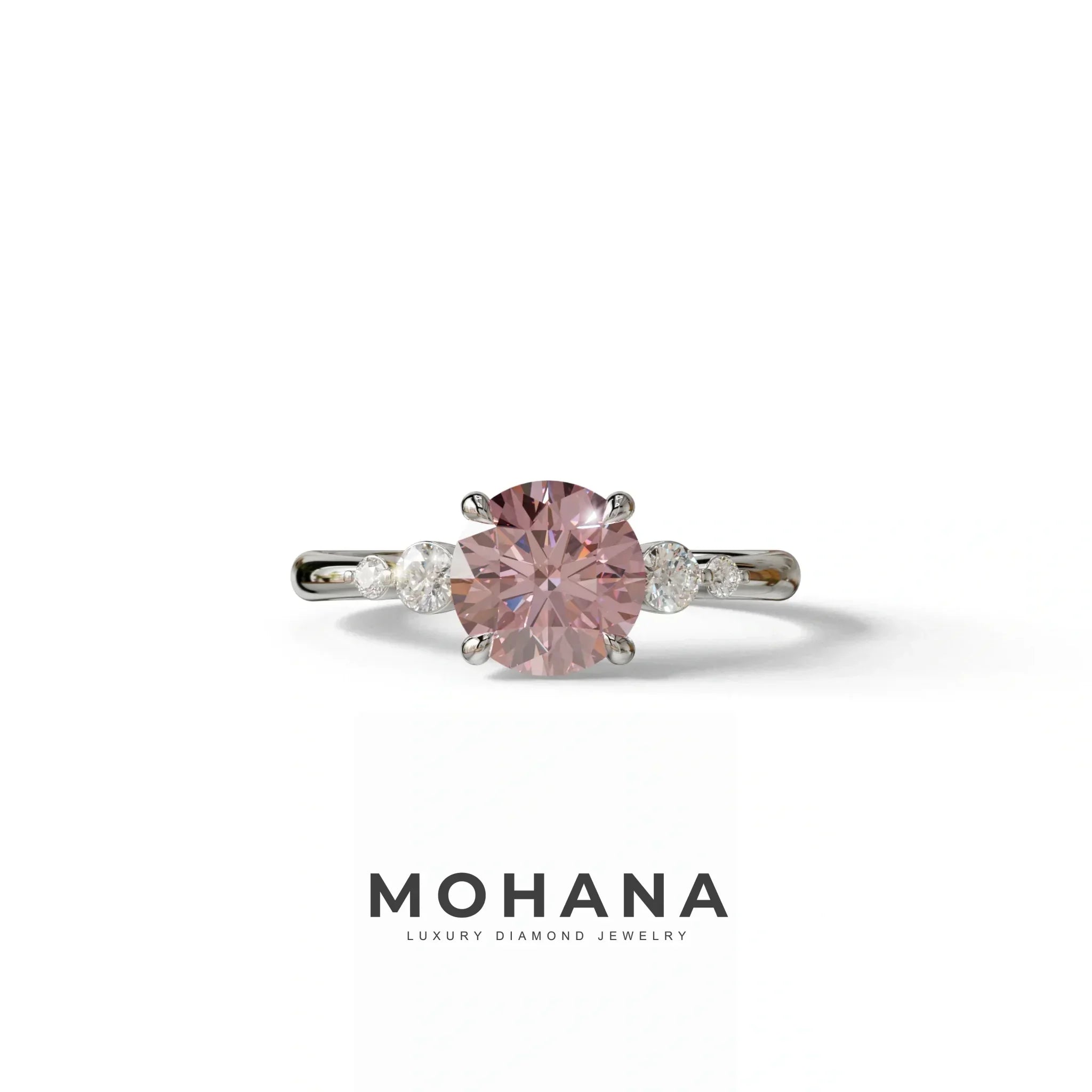 Pink Round Three Stone Lab Grown Diamond Engagement Ring - Romance - 2 Carat / 10K Solid Gold / White Gold