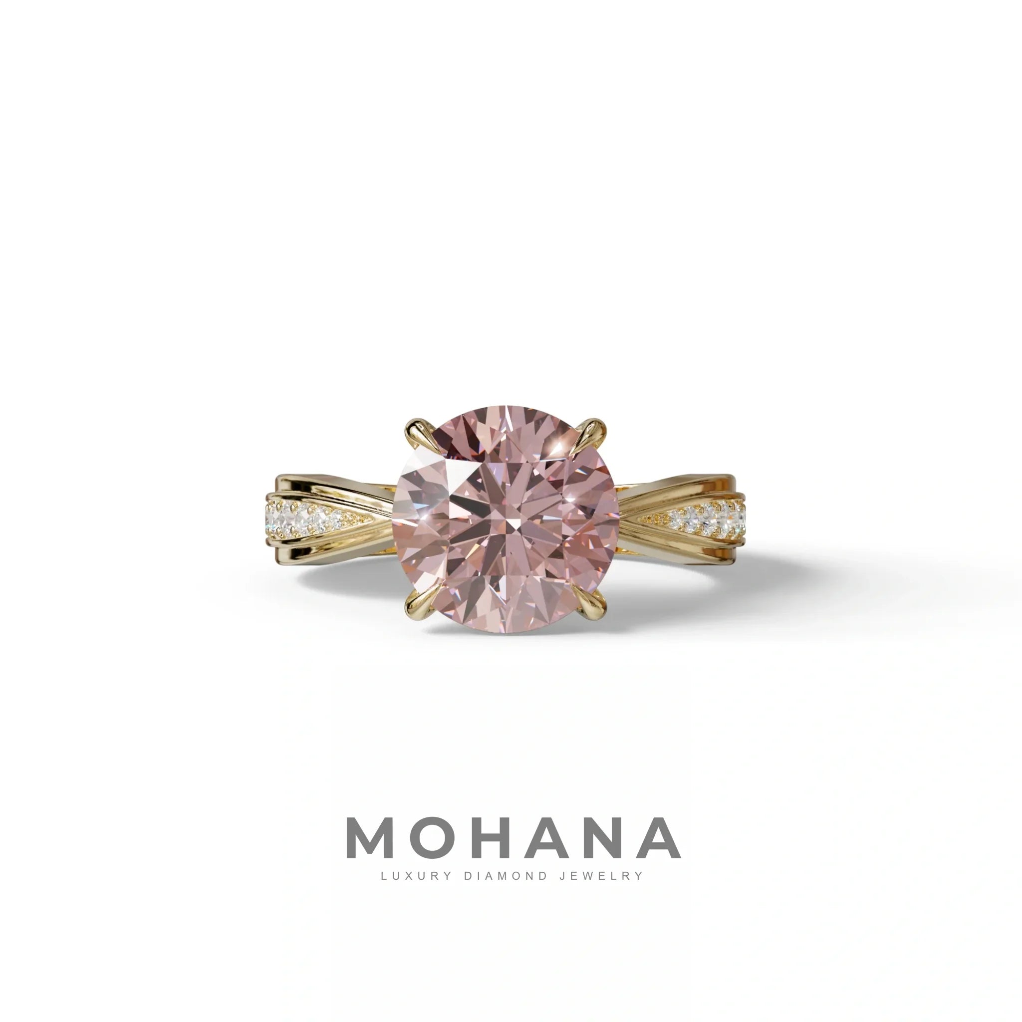 2.5 Carat Pink Round Shaped Lab Diamond Ring V-Shank Pave Setting -Je t’adore - 10K Solid Gold / Yellow Gold